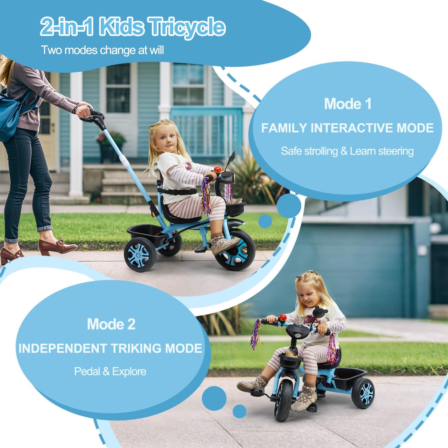SvgBoMit 2 in 1 Toddler Tricycle with Adjustable Parent Push Handle, Bell, Mirror, Windmill, Floating Belt for Kids, Musical Lights, 3 Wheeled Stroller Gift for Kids 2-5 Years (EVA Wheels) (Red)