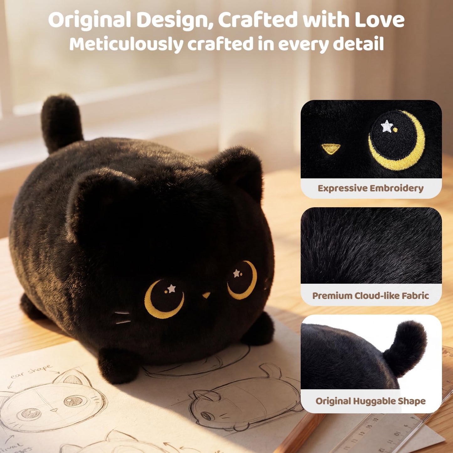 Mewaii Black Cat Plush, Cute Cat Plushies Toy, Soft Kitten Plushie Cuddle Pillow, Anime Plushie Doll, Cute Stuff Toys Gift for Girls, Boys and Males (8 Inch)