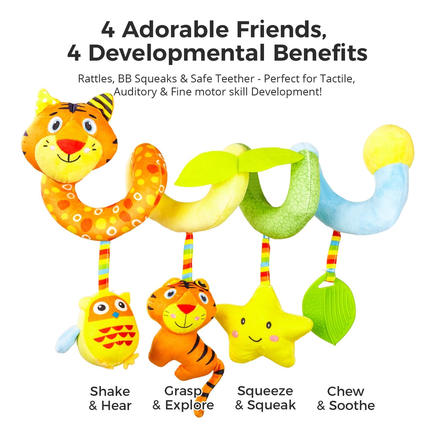 Carseat Toys Hanging for Babies 0-6-12 Months – Plush Spiral Car Seat Toys with Rattles, Crinkle & Teether – Stroller, Crib Hanging,for Baby Gym