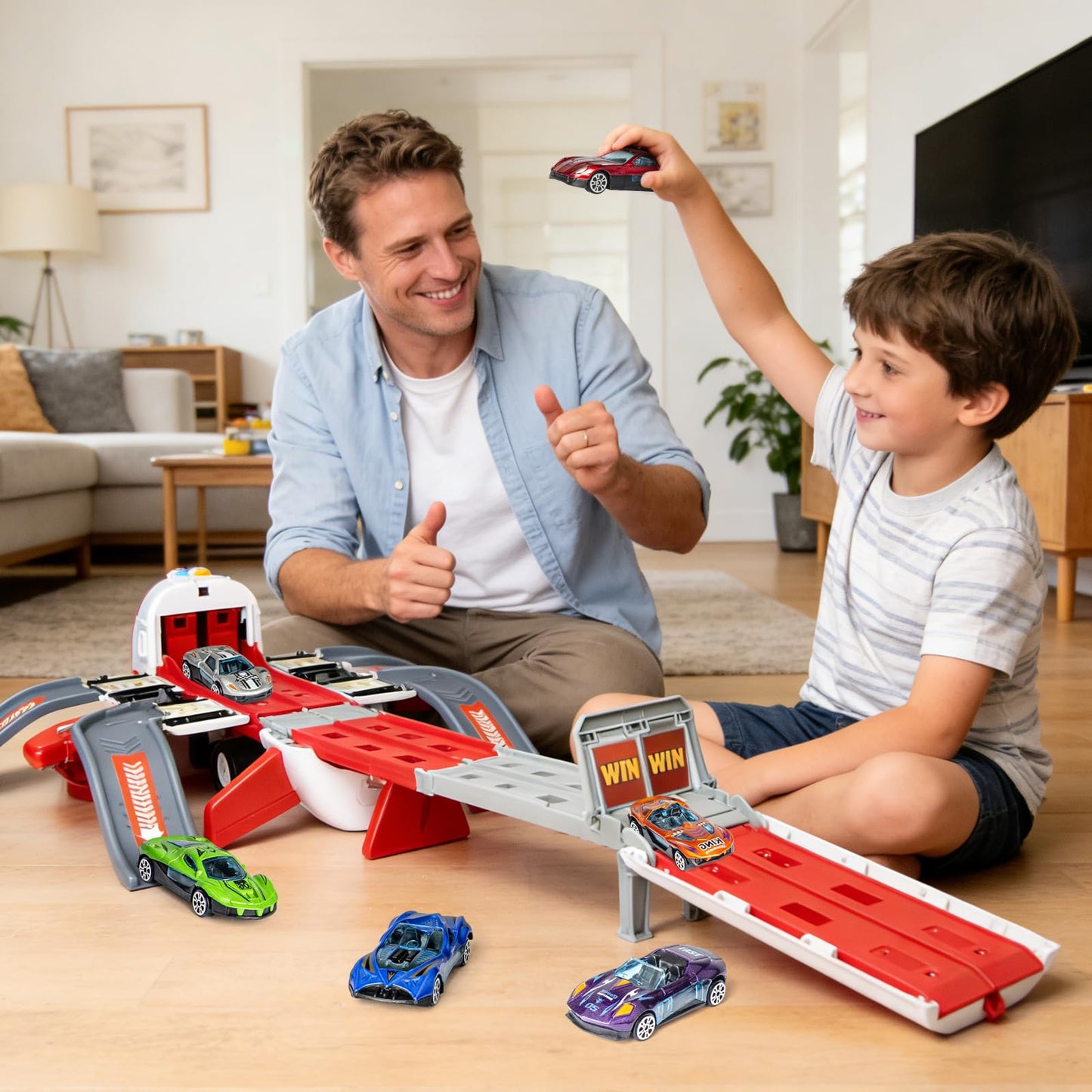 Cmartlarge Airplane Toy with 4 Layer Foldable Race Track, Transport Carrier Plane with 6 Race Cars, LED Lights & Sounds, Toddlers Toys Birthday for 3 4 5 6+ Years Old Boys Girls