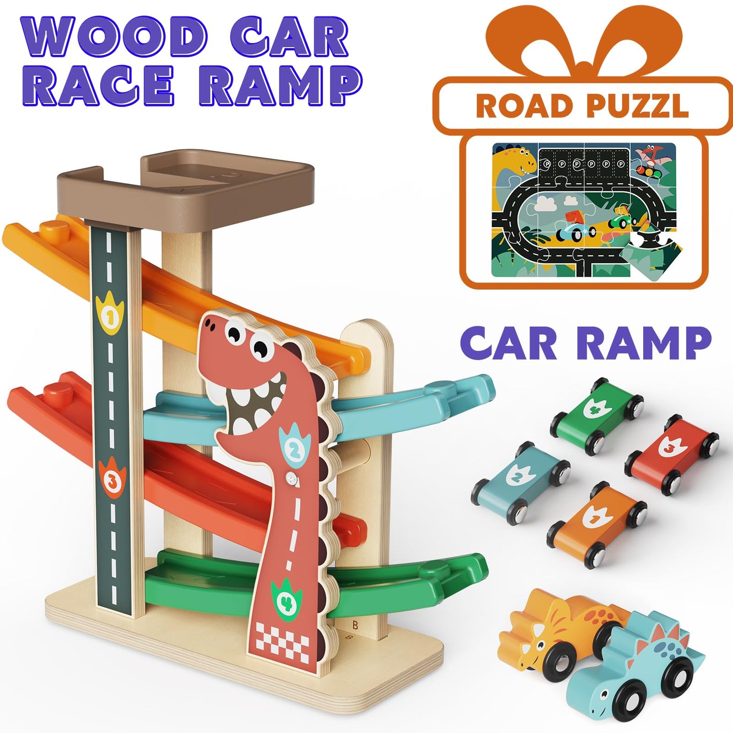 Paisure Wooden Car Ramp Toy for Toddlers 1-3, Montessori Toy with 6 Cars (Dinosaur & Racing), 4-Level Car Ramp Race Track, Toddler Toy & 1 Year Old Birthday Gift