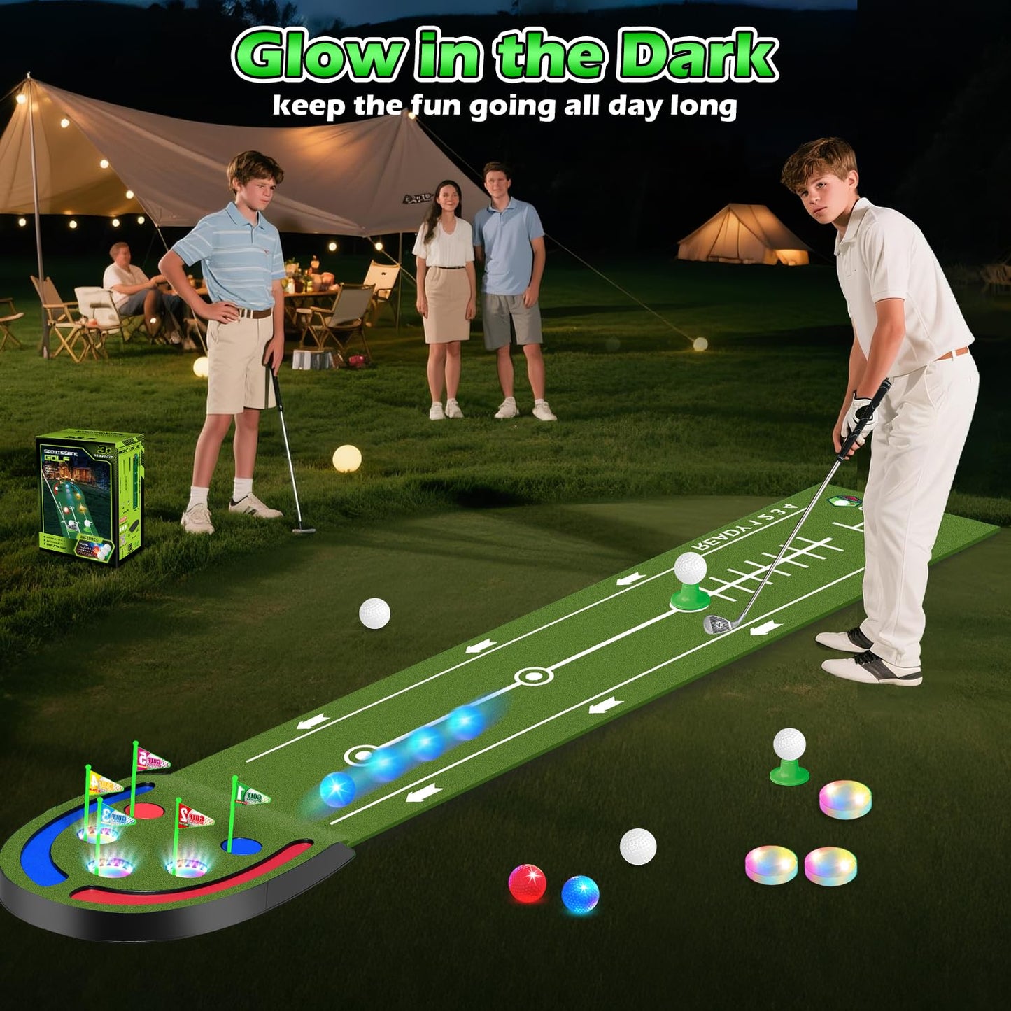 TERRAMUS Upgraded Golf Putting Mat for Kids, Putting Green with LED Light up Holes, Glowing Balls, 2 Clubs, Toy Golf Set, Golfing Mats Indoor Outdoor, Sport Game Golf Gift for for Kids Teens Family