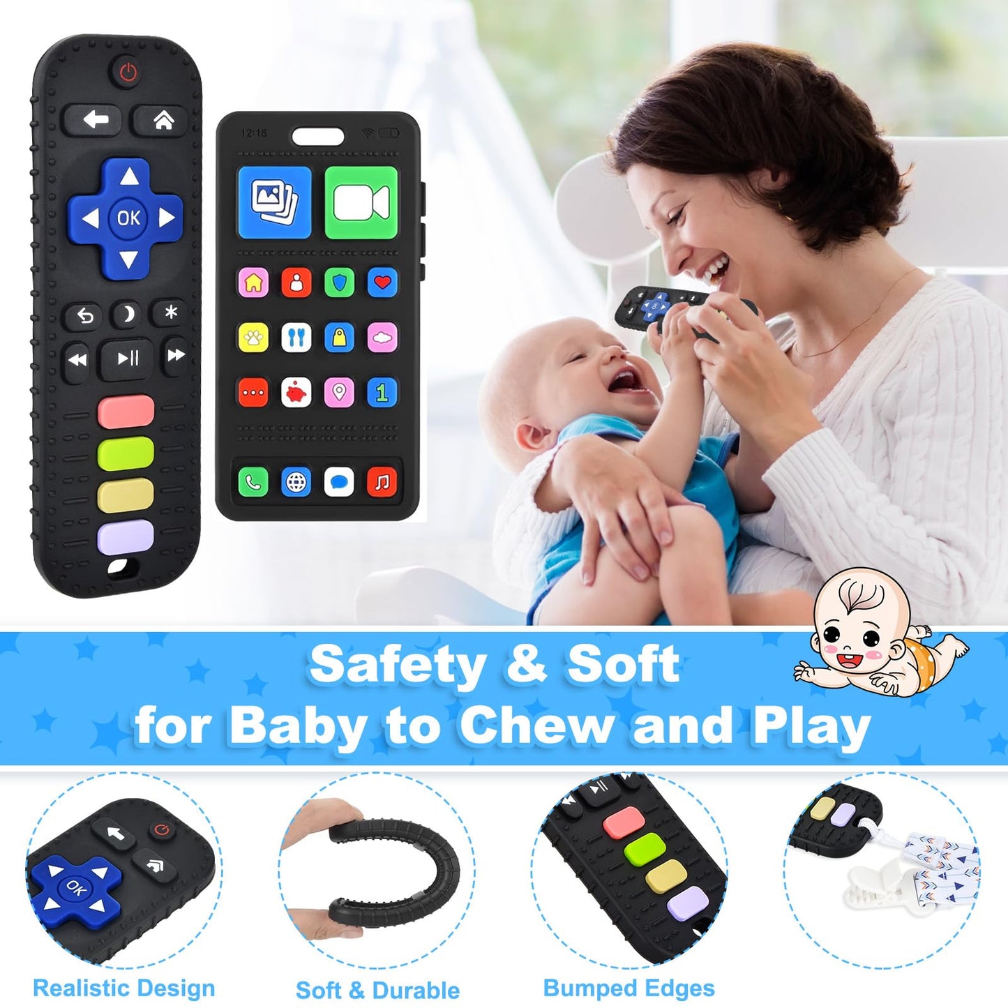 GUIGUZHJ Teether Toys, Teething Relief Teethers Toys for Babies 3-6 12 Months, Play Phone Remote Control Keyboard Toy for Newborn Infant Boy Girl Autism Essentials, Food Grade Silicone Sensory Toy