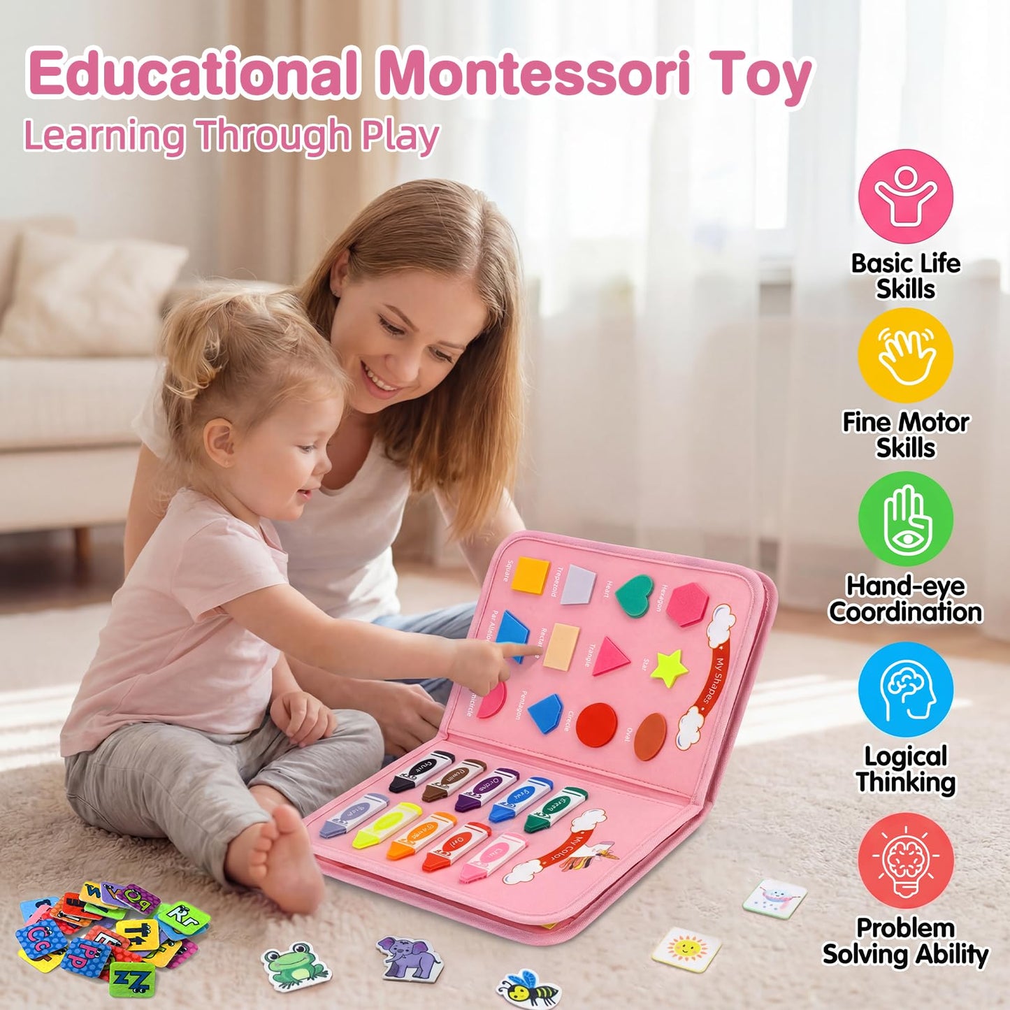 Mulaisu Toddler Busy Board Montessori Toys for Toddlers Girls 1-3 Year Old Birthday Gifts, Sensory Busy Book Learning Educational Activities, Airplane Car Travel Toy