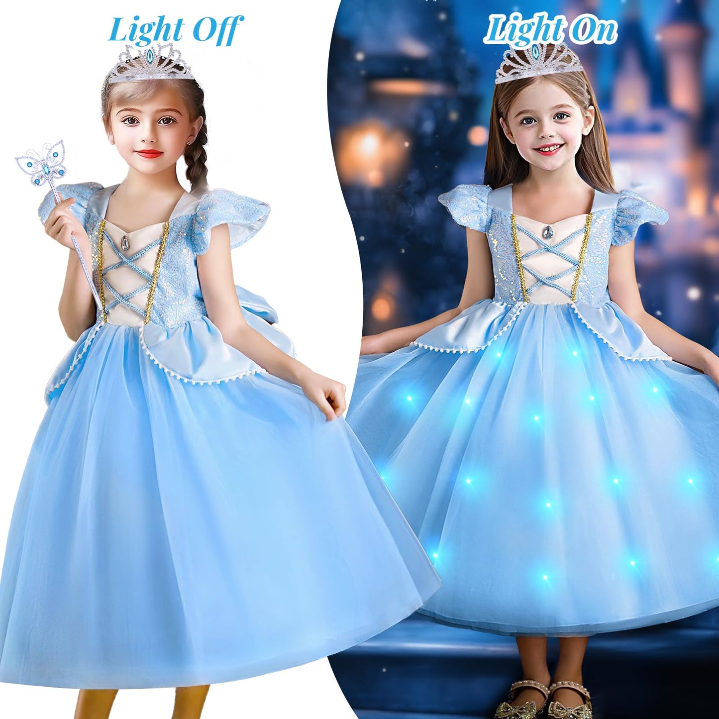 G.C 11PCS Light Up Cinderella Costume Dress for Girls Kids Princess Dress Up Clothes with Crown Wand Earrings Necklace Gloves Toys Accessories Halloween Cosplay Outfit for Little Girls Toddlers