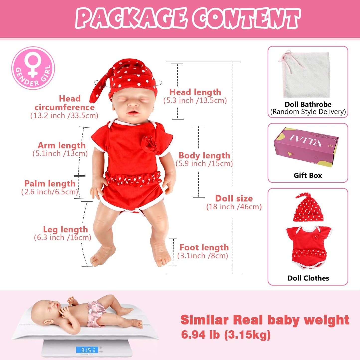 IVITA 14 inch Sleeping Silicone Baby Dolls Girl Weighted 3.81 lb,[NOT Vinyl],Silicone Full Body Reborn Realistic Real Life Lifelike Newborn Soft Babies with Accessories & Gift Box for Kids Age 3+