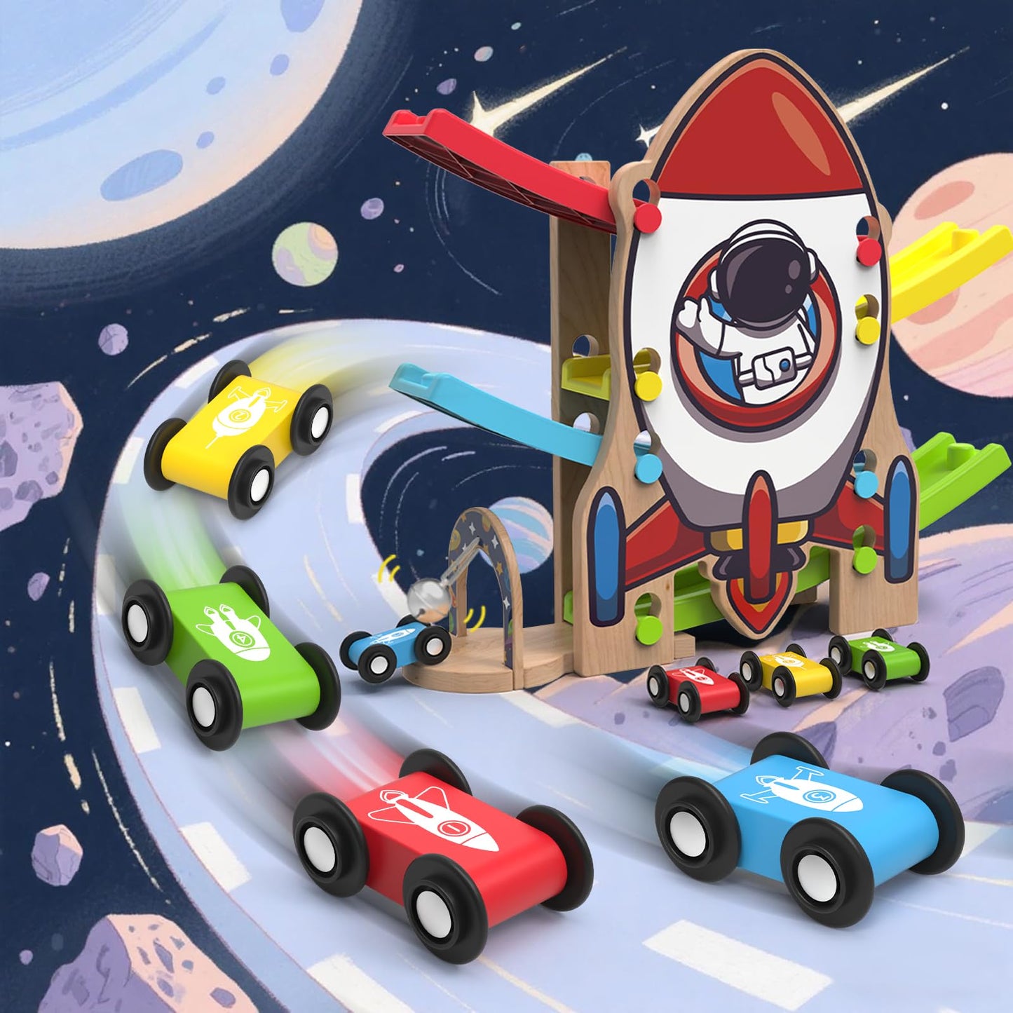 Letoiz Wooden Race Track Car Ramp Racer Toy for Toddlers, Rocket Car Ramp Toy Vehicle Playsets with 4 Mini Cars - Fine Motor Skills Toddler Toys for 2 3 Year Old Boy and Girl Birthday Gifts