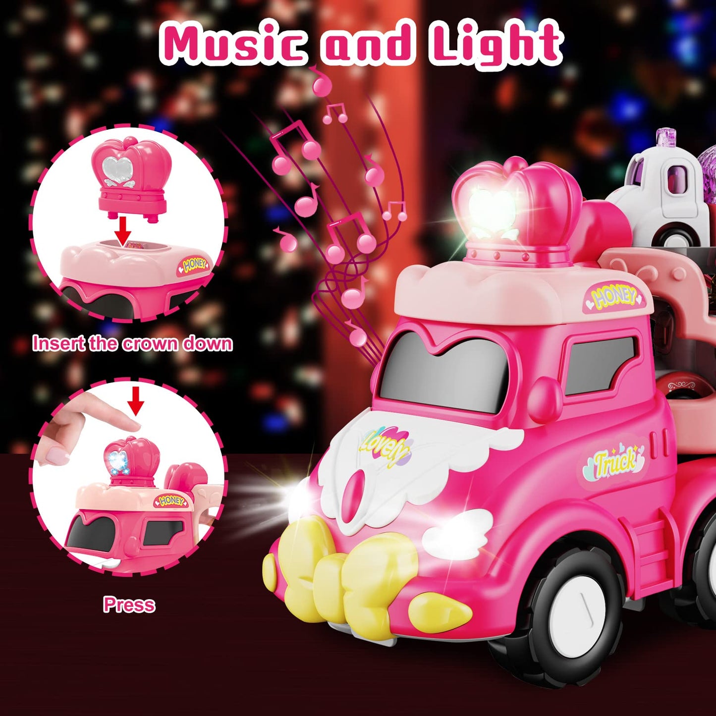Seveclotree 9 in 1 Carrier Truck Cars Toys - Pink Princess Girl Car with Light and Sound - Toddler Toys Age 1-4