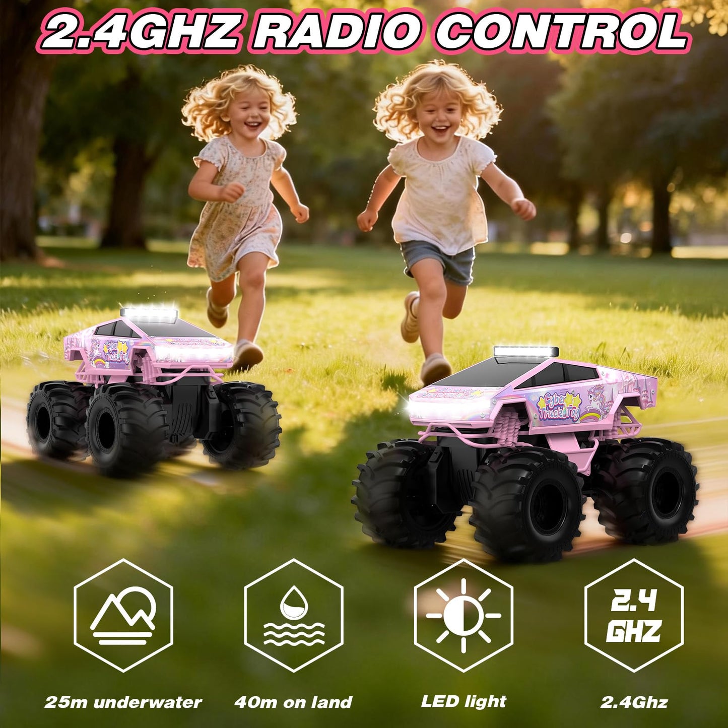 Cokzer Unicorn Cyber Truck Remote Control Car, 1:18 Girl Remote Control Car, 2.4 GHz Waterproof Amphibious RC Cars, 4WD All Terrain Off-Road Pickup for Girls Christmas Birthday Gifts Ages 6+ (Pink)