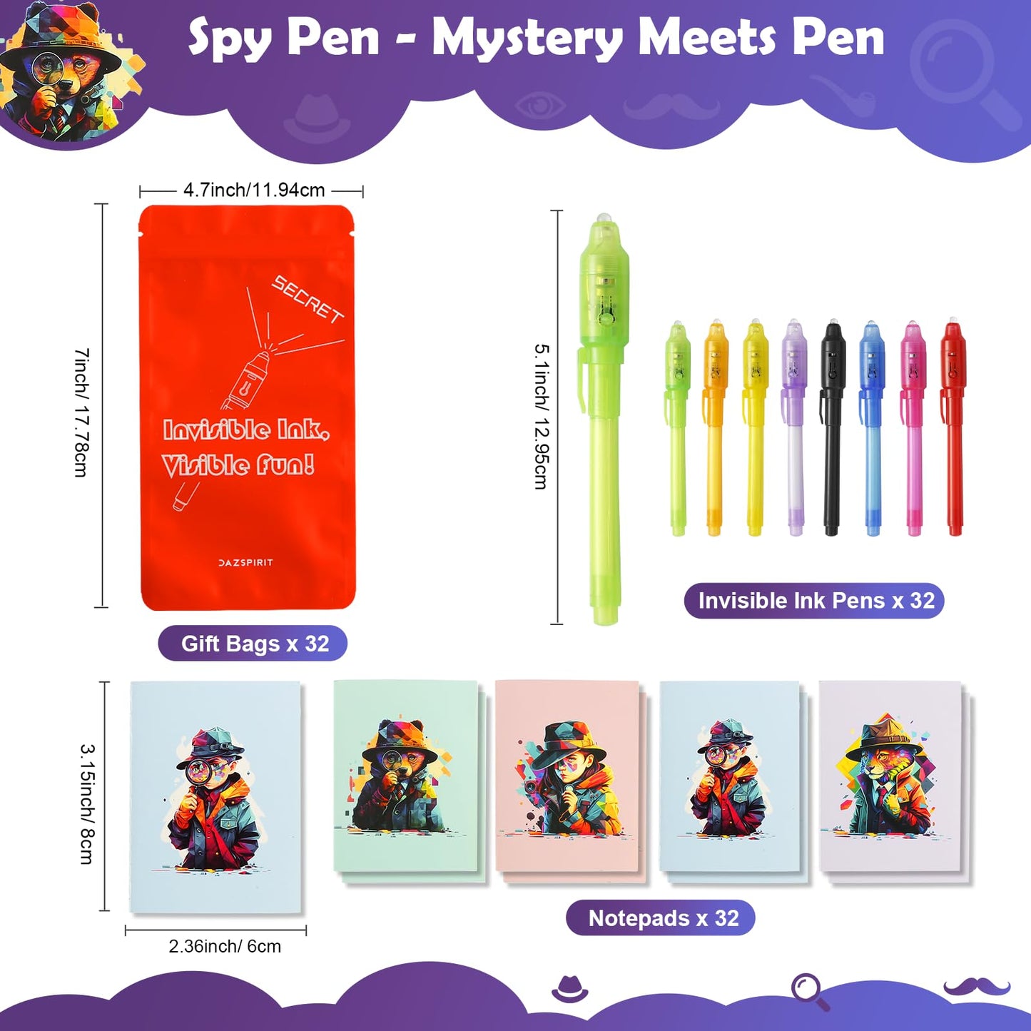 DazSpirit 32 Pack Invisible Ink Pens with UV Light, Detective Notepads & Gift Bags, Classroom Prizes, Treasure Box Fillers, Goodie Bag Stuffers, Spy Party Favors for Kids 8-12, Prize Box Toys