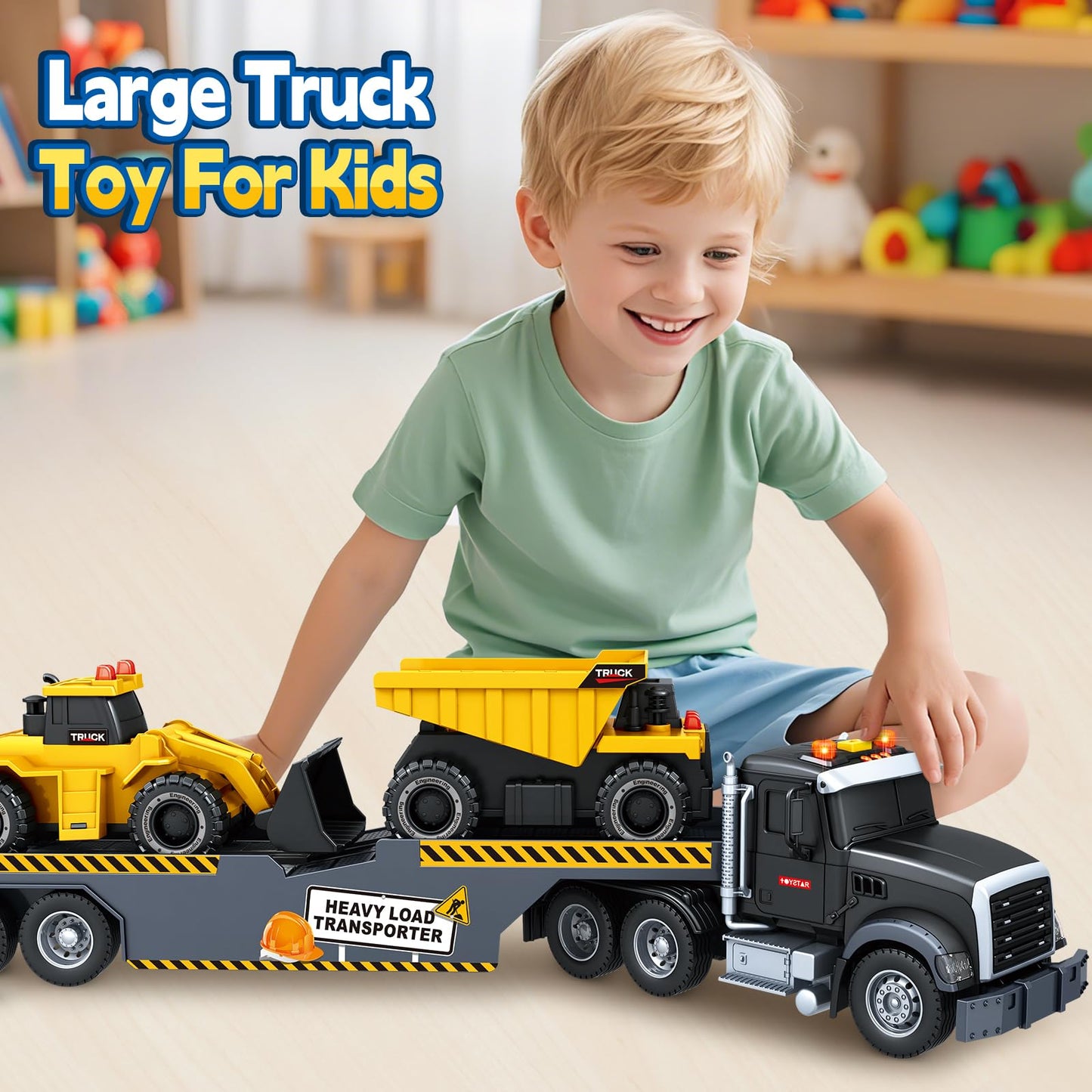 Bstoyder Toddler Boy Toys for 3 4 5 6 7 Years Kids, 21" Semi Construction Carrier Truck Toy with Excavator and Dump Truck, Friction Powered Toys with Lights and Sounds, Birthday for Boy Girls