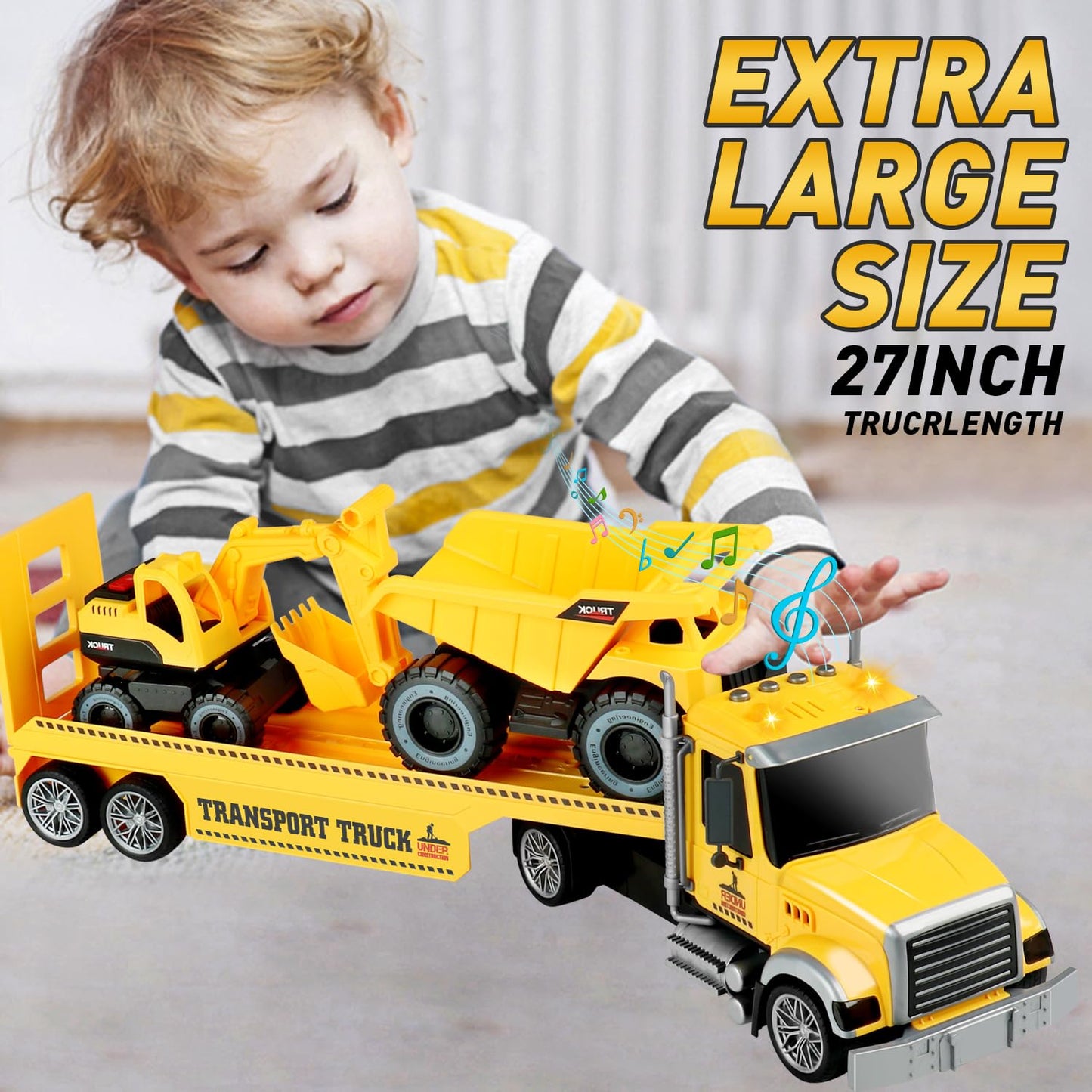 Dwi Dowellin 27" Large Friction Powered Construction Truck Car Toy with Excavator and Dump,Semi Truck Toys for 3 4 5 Years Old Toddlers Kids Boys & Girls Gift