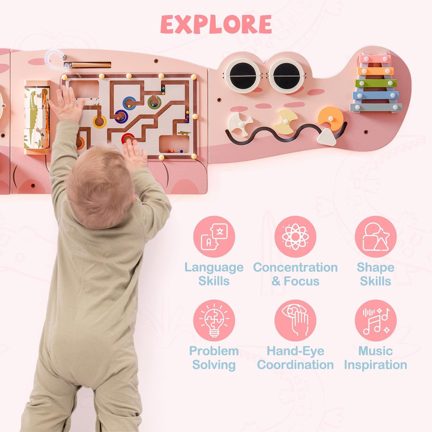 ROBOTIME Crocodile Busy Board Wall Panels for Toddlers, Pink Montessori Sensory Activity Board, Montessori Sensory Wall-Mounted Learning Center Toy for Kids Room, Educational Toys for Boys & Girls