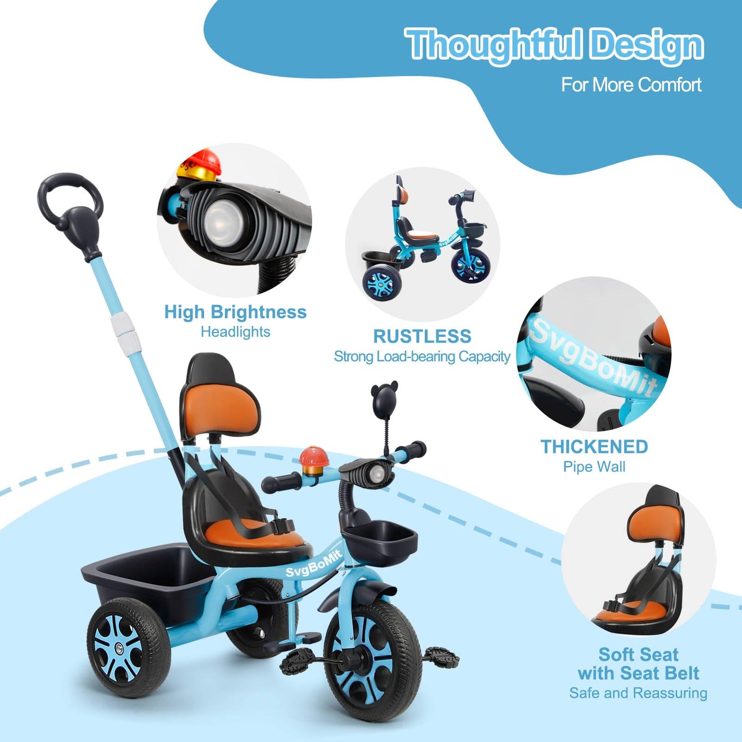 SvgBoMit 2 in 1 Toddler Tricycle with Adjustable Parent Push Handle, Bell, Mirror, Windmill, Floating Belt for Kids, Musical Lights, 3 Wheeled Stroller Gift for Kids 2-5 Years (EVA Wheels) (Red)