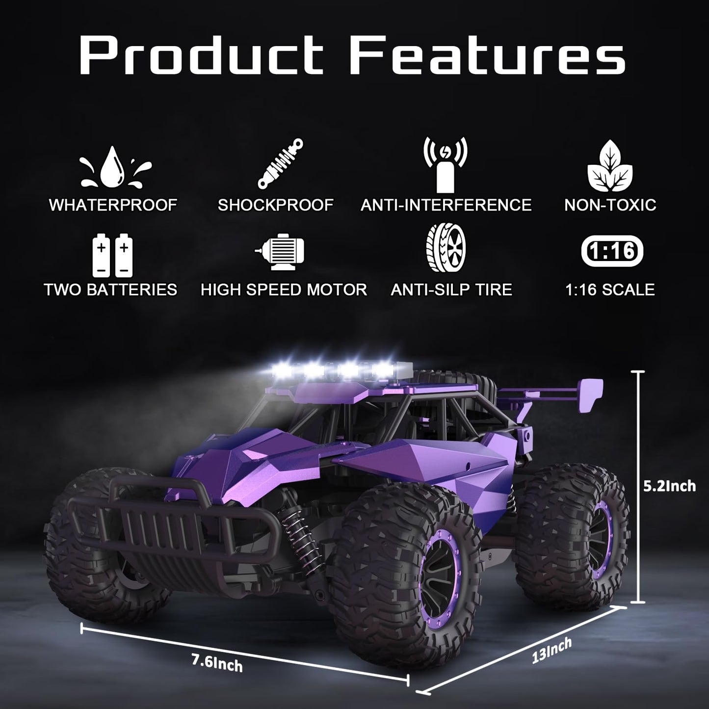 LARVEY 1:16 Scale Purple Remote Control Car, 20 Km/h High Speed Girls Remote Control Car Monster Vehicle with LED Headlights and Chassis Lights, RC Truck for Girls Boys and Adults
