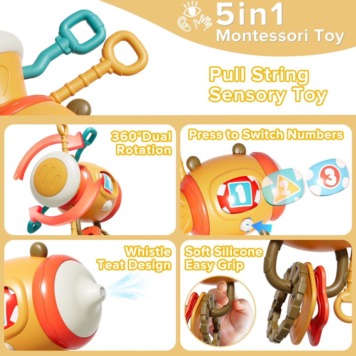 5 in 1 Montessori Busy Board Sensory Toy for Toddlers 1-3, Pull String Fidget Baby Toys 6-12 Months, Infant Carseat Plane Travel Activity, Educational Learning Birthday Gift for 1 2 Year Old Boy Girl