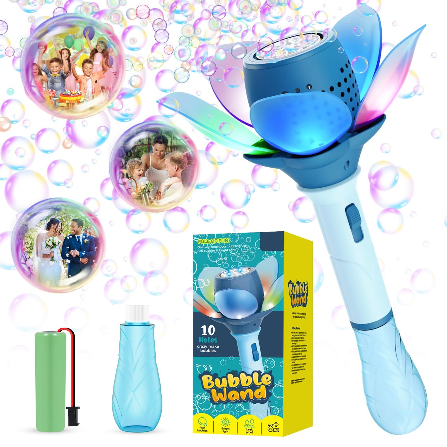 Panamalar Electric Bubble Wand for Kids, Automatic Bubble Machine 10000+ Bubbles Per Minute with Battery/Lights/120ml Solution, Light Up Flower Bubble Wand Bubble Toys for Summer Outdoor Party Wedding