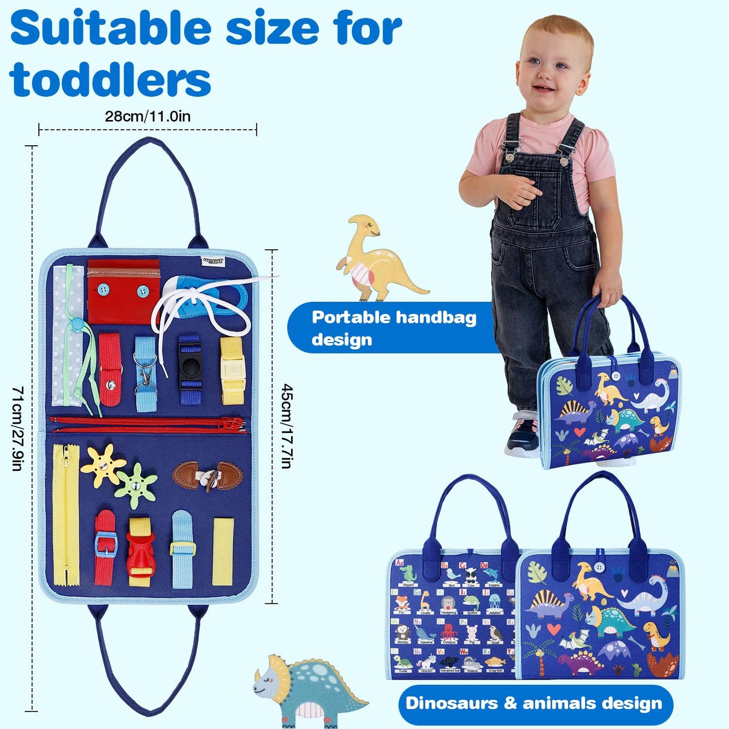 JHkim Busy Board Montessori Toys for 1 2 3 4 Year Old Boys Girls Gifts, Sensory Toy for Toddlers 1-3, Educational Activities Travel Toy for Airplane Car, Busy Book for Learning Fine Motor Skills,Blue
