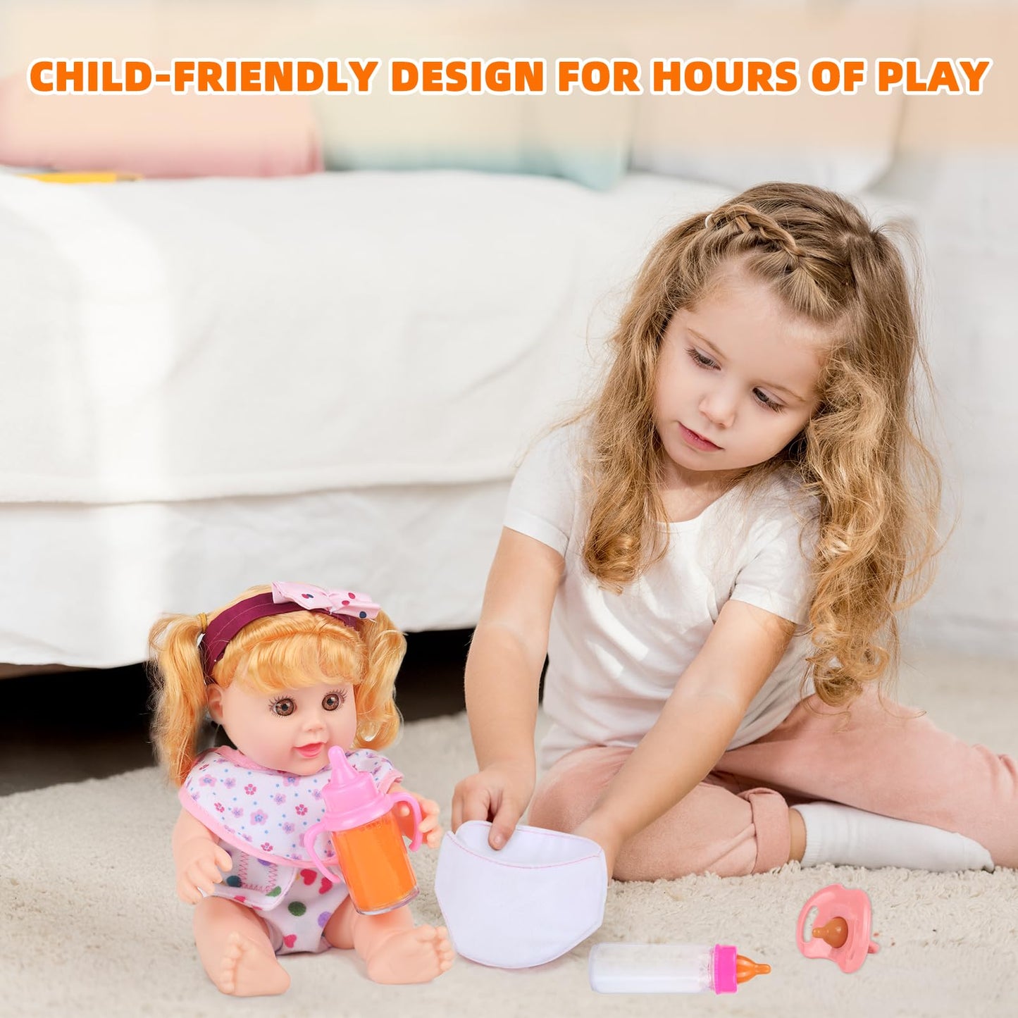 CARANOVO Baby Doll Accessories Set – 7 Pcs Feeding and Caring Set with Magic Disappearing Bottles, Pacifier, Diapers and Bibs Doll Pretend Play Gift for Kids