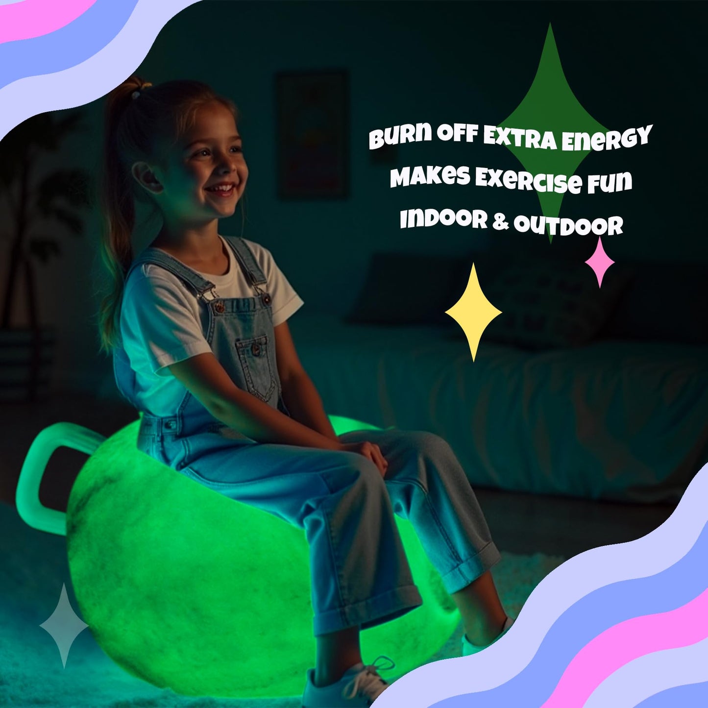 ZOOJOY Glow-in-The-Dark Light Up Hopper Ball for Kids, 20 Inch Bouncy Ball with Handle, Inflatable Night Glow Jumping Toy for Boys and Girls Aged 6-12, Indoor & Outdoor Play, Includes Pump