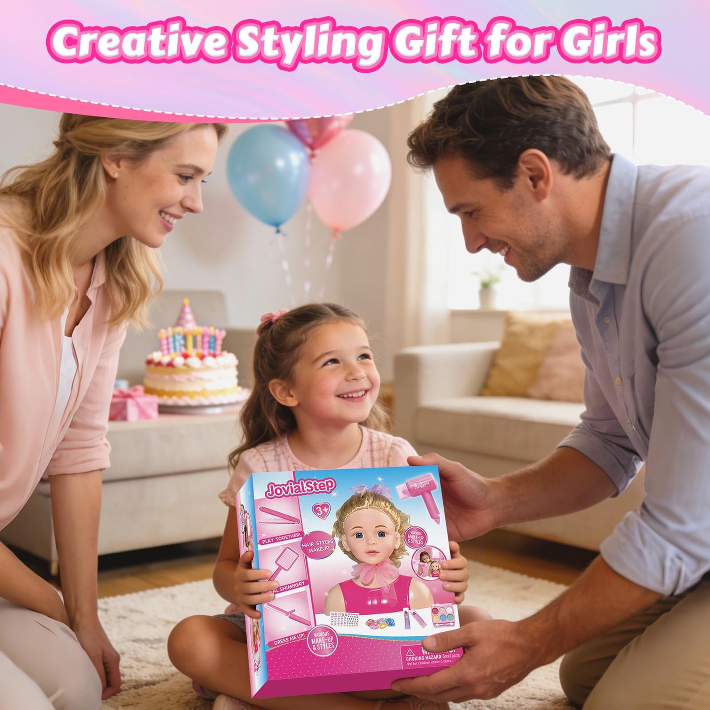 JovialStep Doll Head Hair Styling Kit for Girls Toys, Makeup Doll Head for Girl, Pretend Play Hair Salon Toy Birthday Gift for 3-8 Year Old Girls