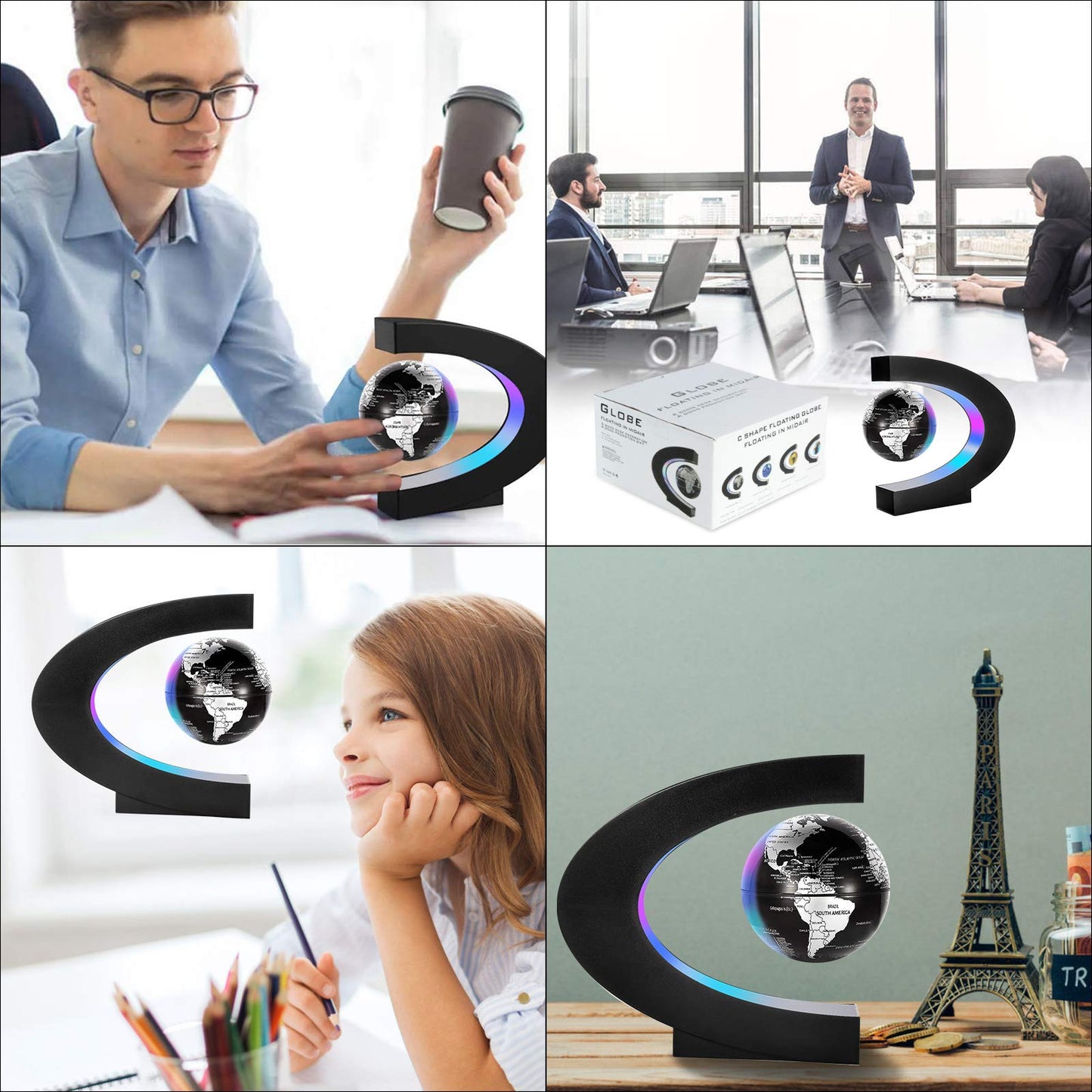Gresus Magnetic Levitation Floating World Map Globe, C Shape Base with LED Lights, Great Fathers Students Teacher Business Boyfriend Birthday Gift for Desk Decoration （Black) (Globe doesn't light up)
