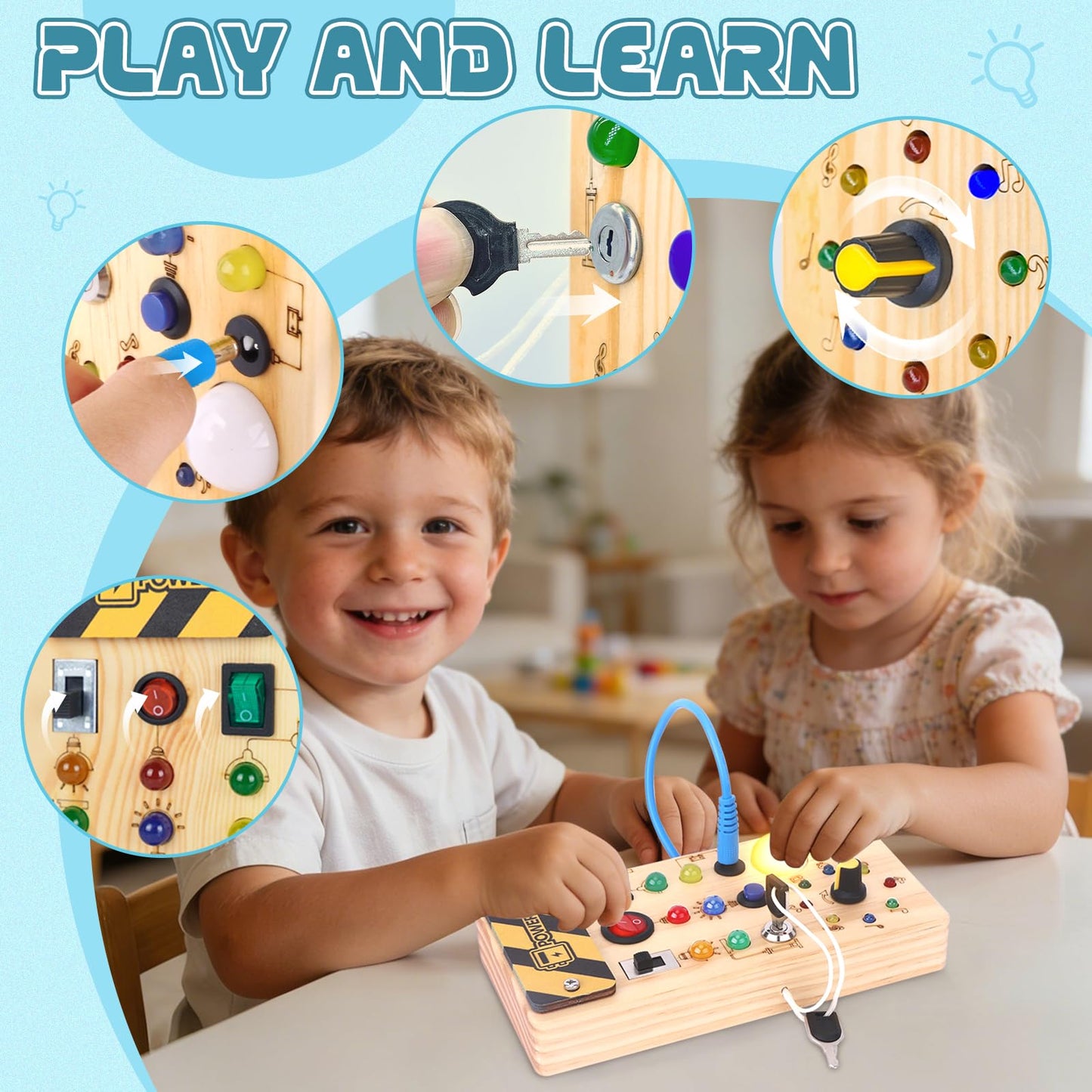 Konijiwa Busy Board Montessori Toys for 1 Year Old Kids Activity Board with 8 LED Light Switch Toy Sensory Learning Wooden Toy Suitable for 1 2 3 4 Year Old Boys and Girls