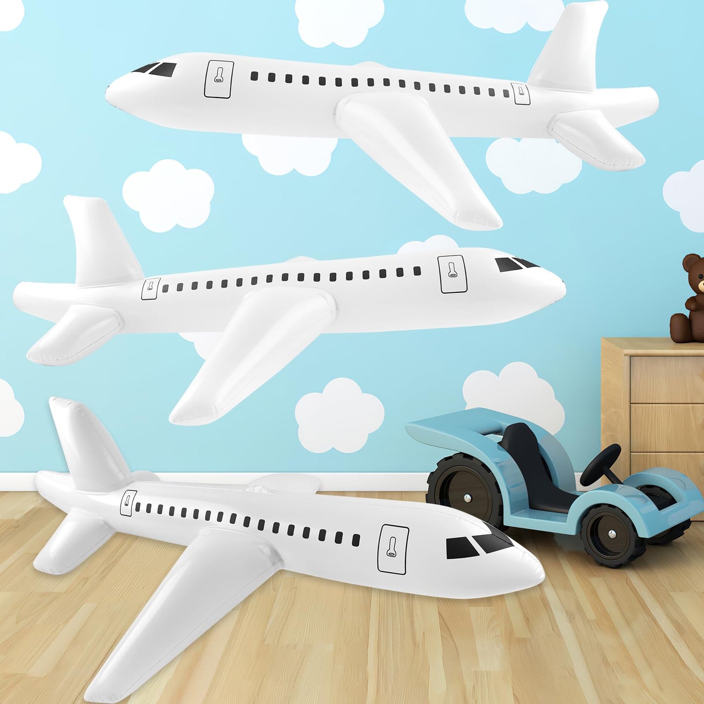 Mototo 4 Pieces Inflatable Airplane Balloon 40 Inch Large Inflatable Plane Balloon White Plane Toy Float Airplane Aviation Themed for Outdoor Indoor Birthday Party Swimming Pool Party Supplies