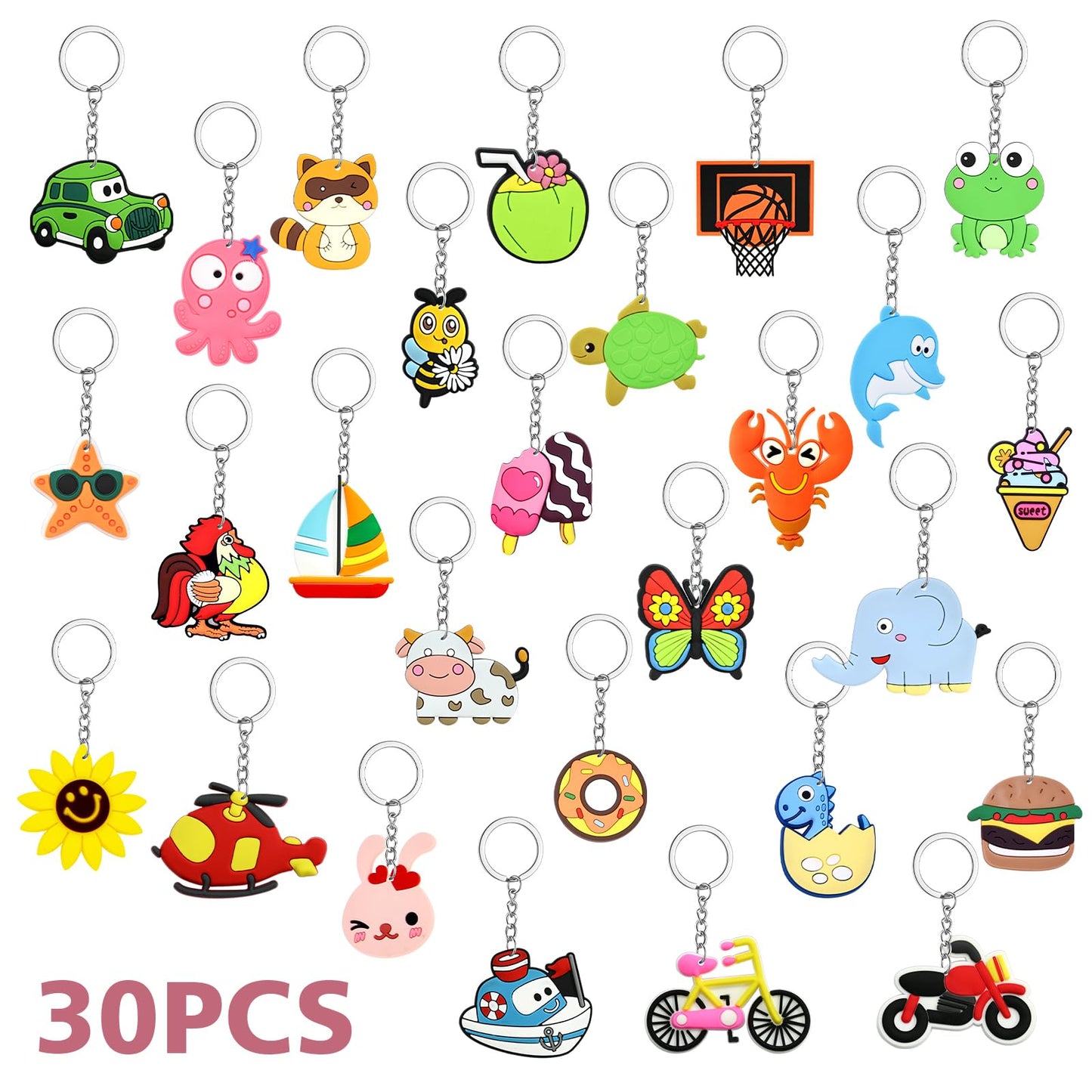 XITDW 30/50pcs Large size thicken Cute Bulk Keychains,Non-Repeat Cartoon Key Chains Backpack Charms for Classroom Prizes Students Incentives Holiday Gifts Party Favors