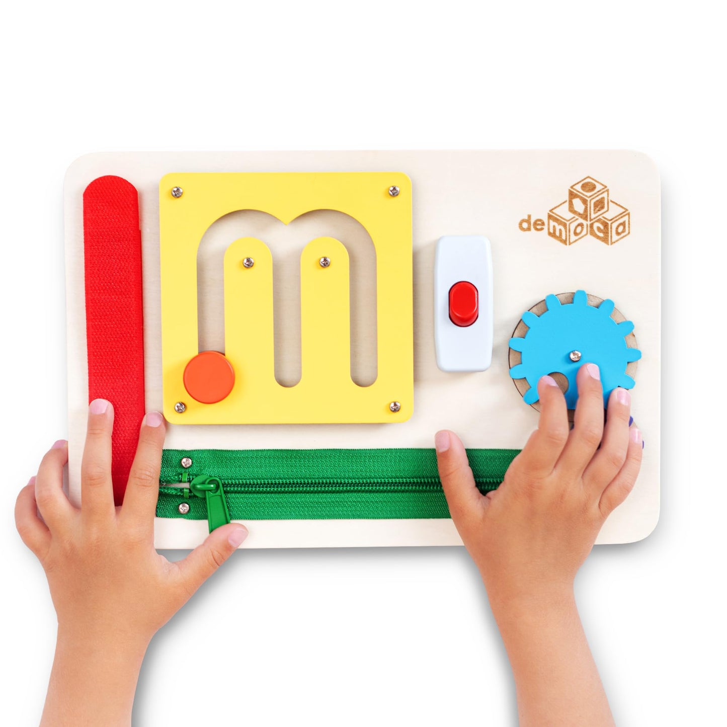 deMoca Sensory Busy Board for 1 Year Old, Travel Wooden Montessori Busy Board for Toddlers 1–3, Switch and Fidget Activity Board for Early Motor Skills and Travel Play
