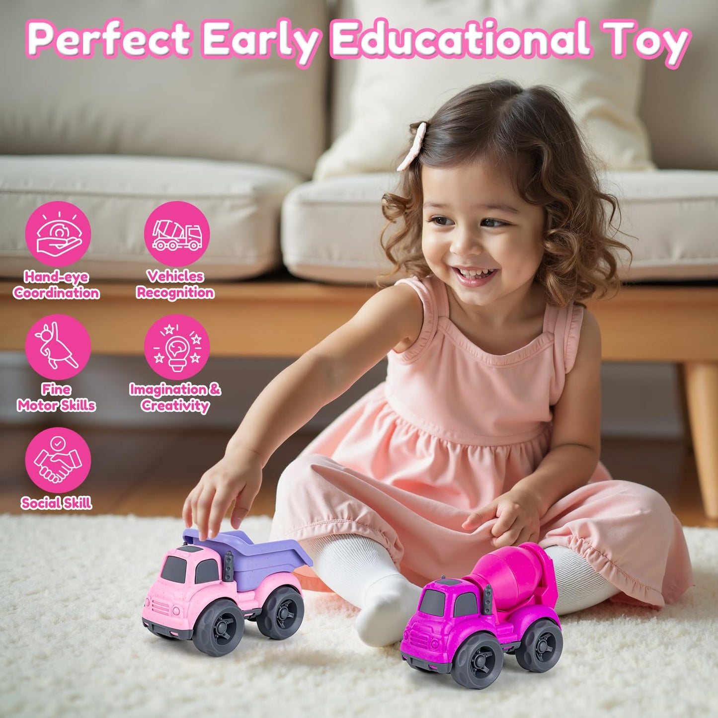 Aigitoy Dump Truck Toys for 3 Year Old Boys, BPA Free, Phthalates Free, PVC, Dump Truck, Mixer Cement, Easter Christmas Birthday Gifts for 2 3 4 Year Boy Girl. Dishwasher Safe,Recycled Plastic (Pink)