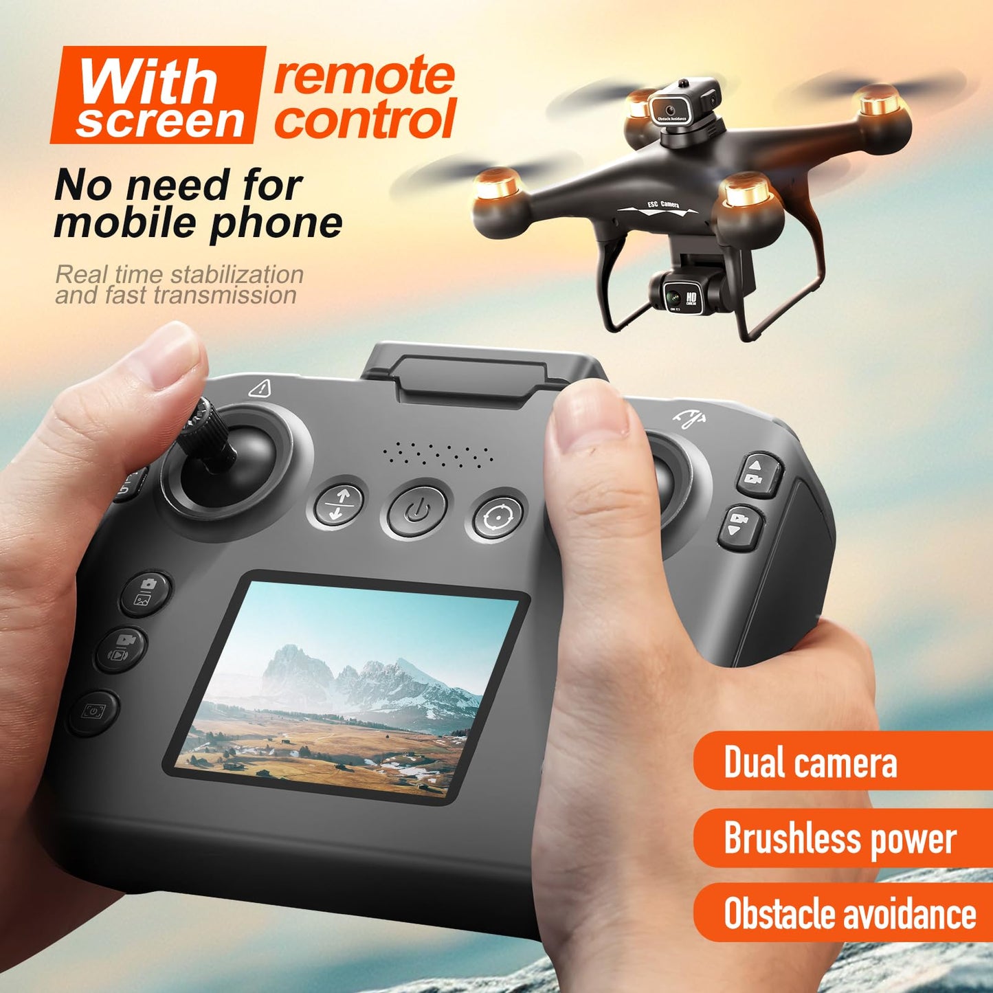 Hobby Drone with Screen Display Remote Control, 1080P Dual Camera, Speed Adjustment, Altitude Hold, One-Key Takeoff, 3D Flips, 2 Batteries, Hovering, Brushless Motor, APP Control, Plane Copter, LED Lights, Adult Beginners FPV Quadcopter Airplane Helicopte