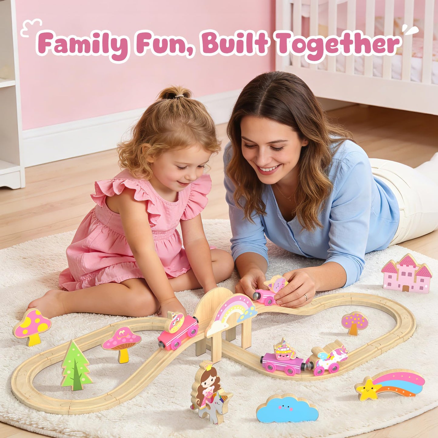 Hot Bee Wooden Train Set for Toddlers 2-4, 38-Piece Unicorn Train Set for Girls, Pink Wooden Train Track Set with Fairies & Unicorns, Girl Train Set Birthday Gifts for 2 3 4 5 Year Old Girls