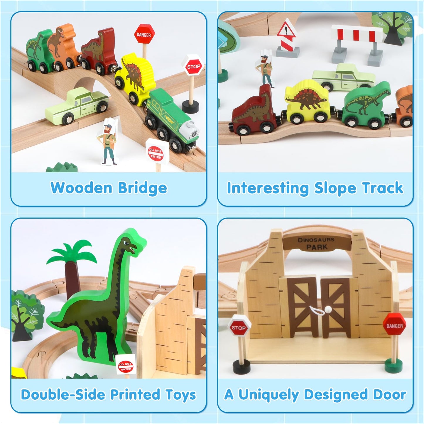 Canuan Wooden Train Set, Dinosaur Toys for Kids 3-5, Compatible with Major Brands, STEM Railway Playset, Ideal Wooden Train Track Set for 3 4 5 6 7 8 Year Old Kids Boy Girl