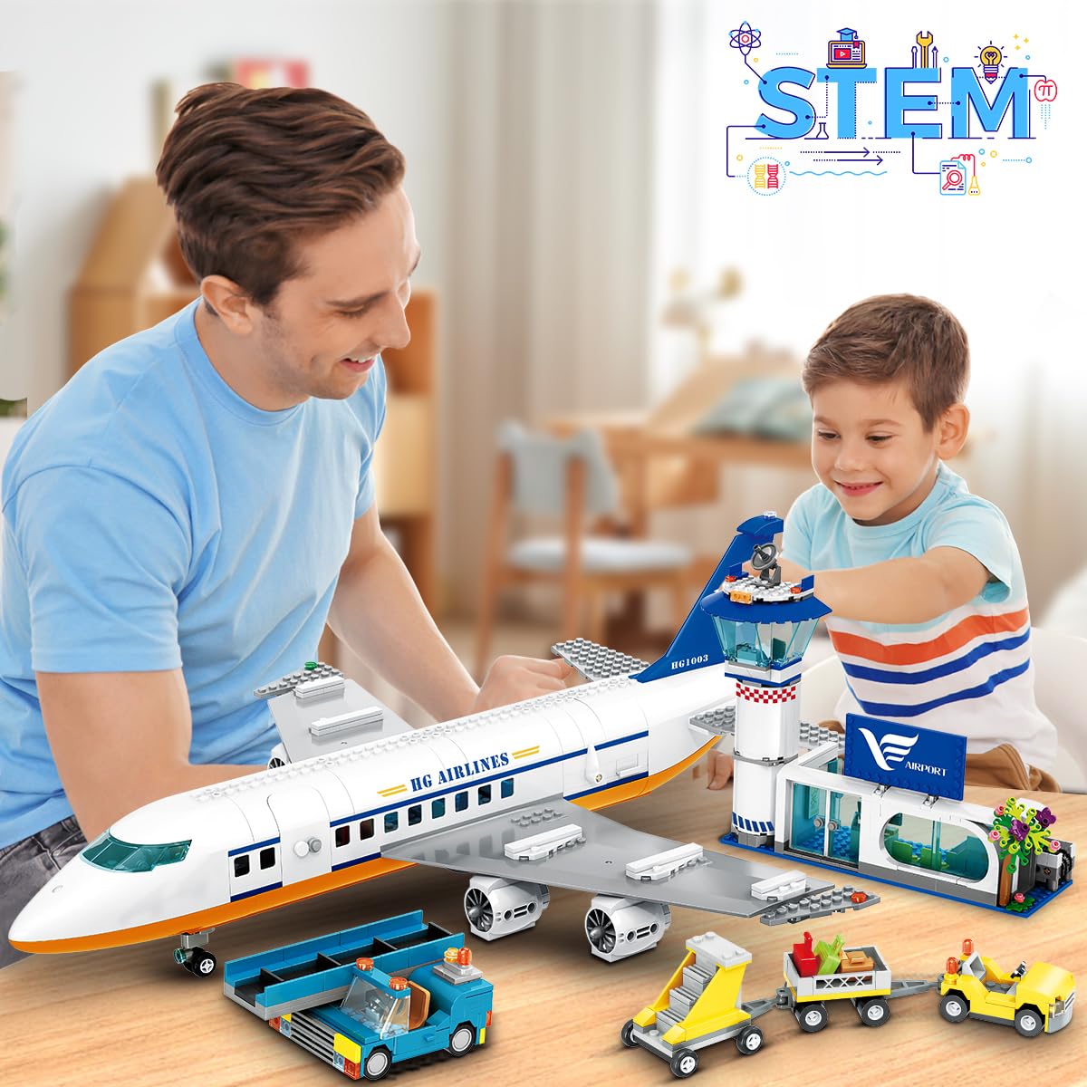 HOGOKIDS City Passenger Airplane Building Set with LED Light, 901 PCS Plane Building Blocks with Airport Terminal, Radar Tower, Luggage Trailer, Planes Model Toys Gifts for Adults Boys Girls Age 6-12+