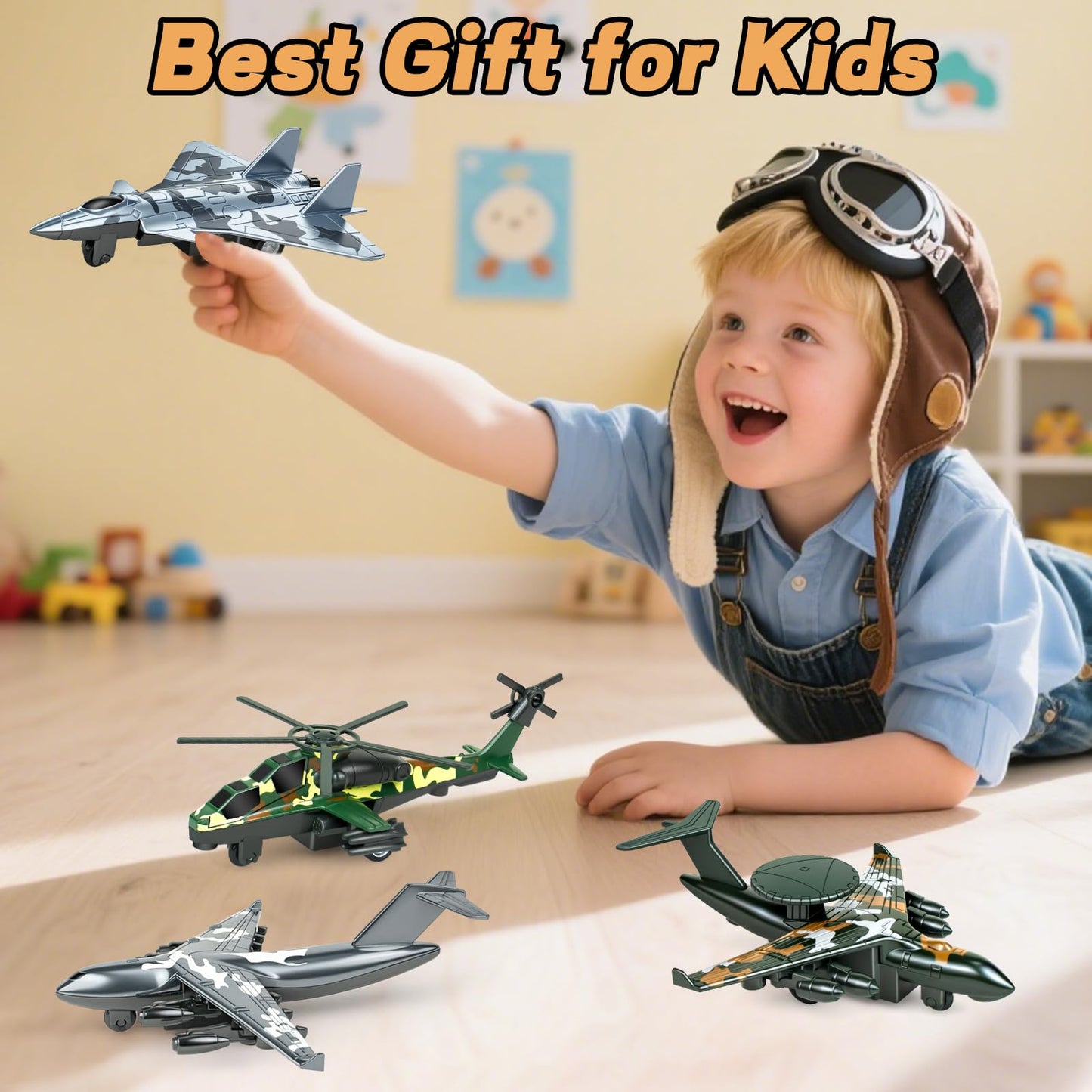 Tcvents 4 Pack Diecast Airplane Toys, Alloy Army Aircraft Plane Model Toys Camouflage Military Fighter Jet Helicopter Toy Pull Back Kids Play Vehicles for 3 4 5 6 7-9 Years Old Boys Girls Gift