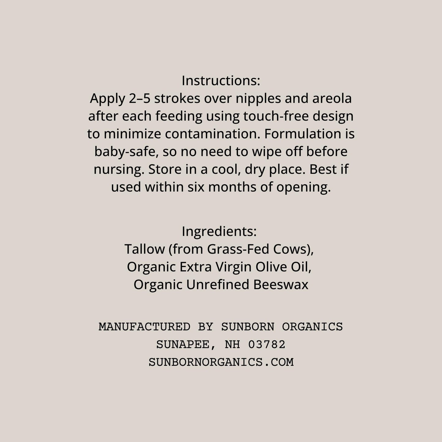 Sunborn Organics Nipple Balm | Nursing-Safe Lanolin-Free Nipple Cream with 3 Edible Ingredients for Sore or Cracked Nipples | Safe for Baby, No Wipe-Off, Third-Party Tested | Made in USA