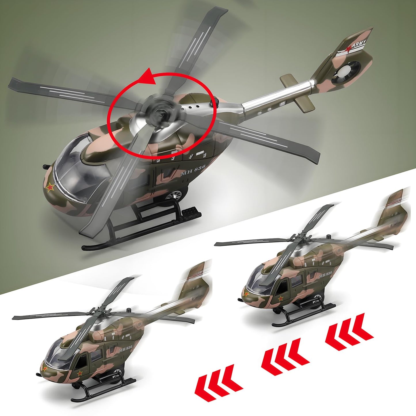 NOVAFUSION Kids Helicopter Toy Diecast Military Helicopter Model Kit,Pull Back Toy Helicopters with Lights and Sound,Toy Airplane with Rotatable Propeller,Helicopters Toys for Boys Age 4-7（ArmyGreen）