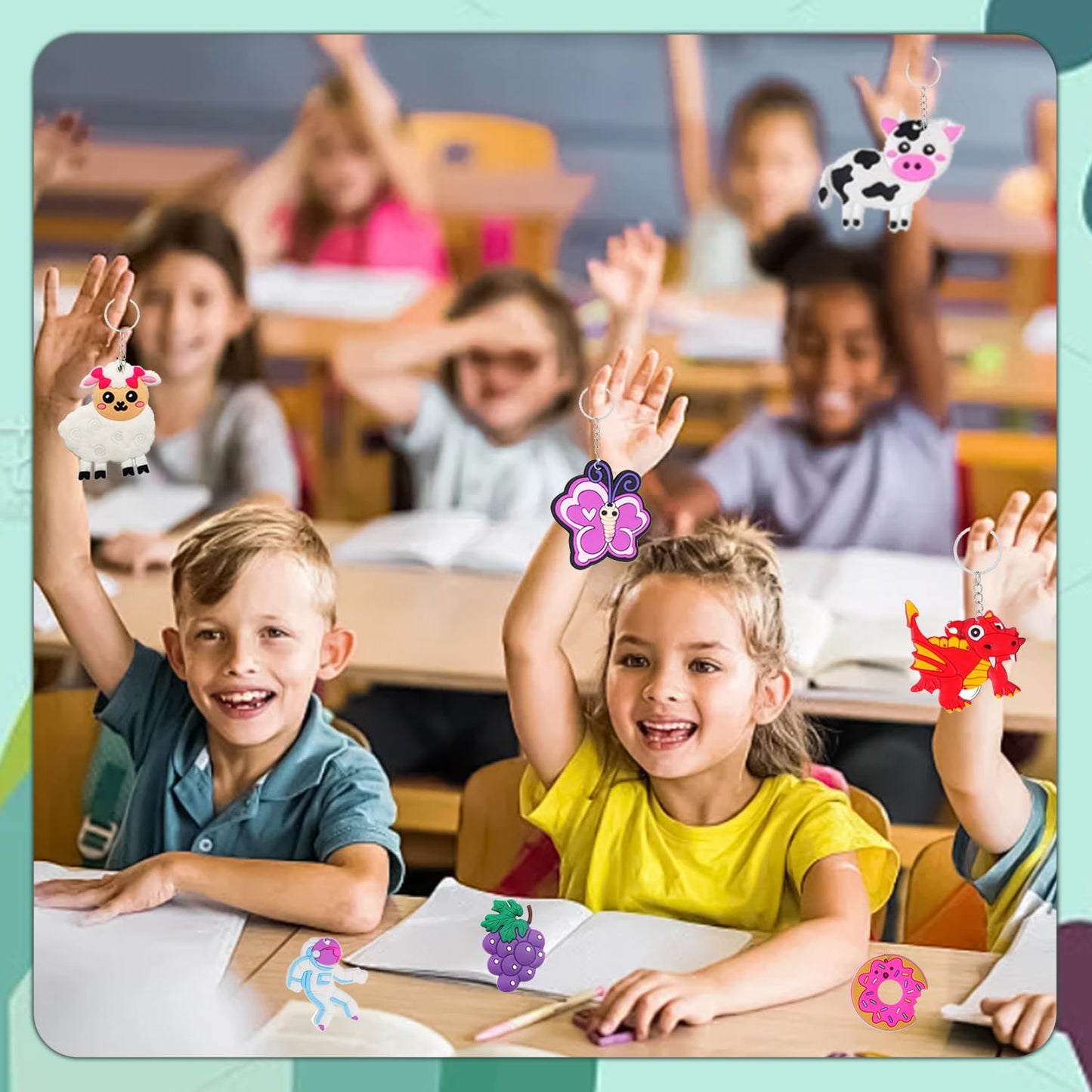 DIZRNOI 50 PCS Large Keychains Bulk Cute Key Chain for Classroom Prizes Rewards Students Incentives Birthday Holiday Gifts Party Favors Keyrings for Kids