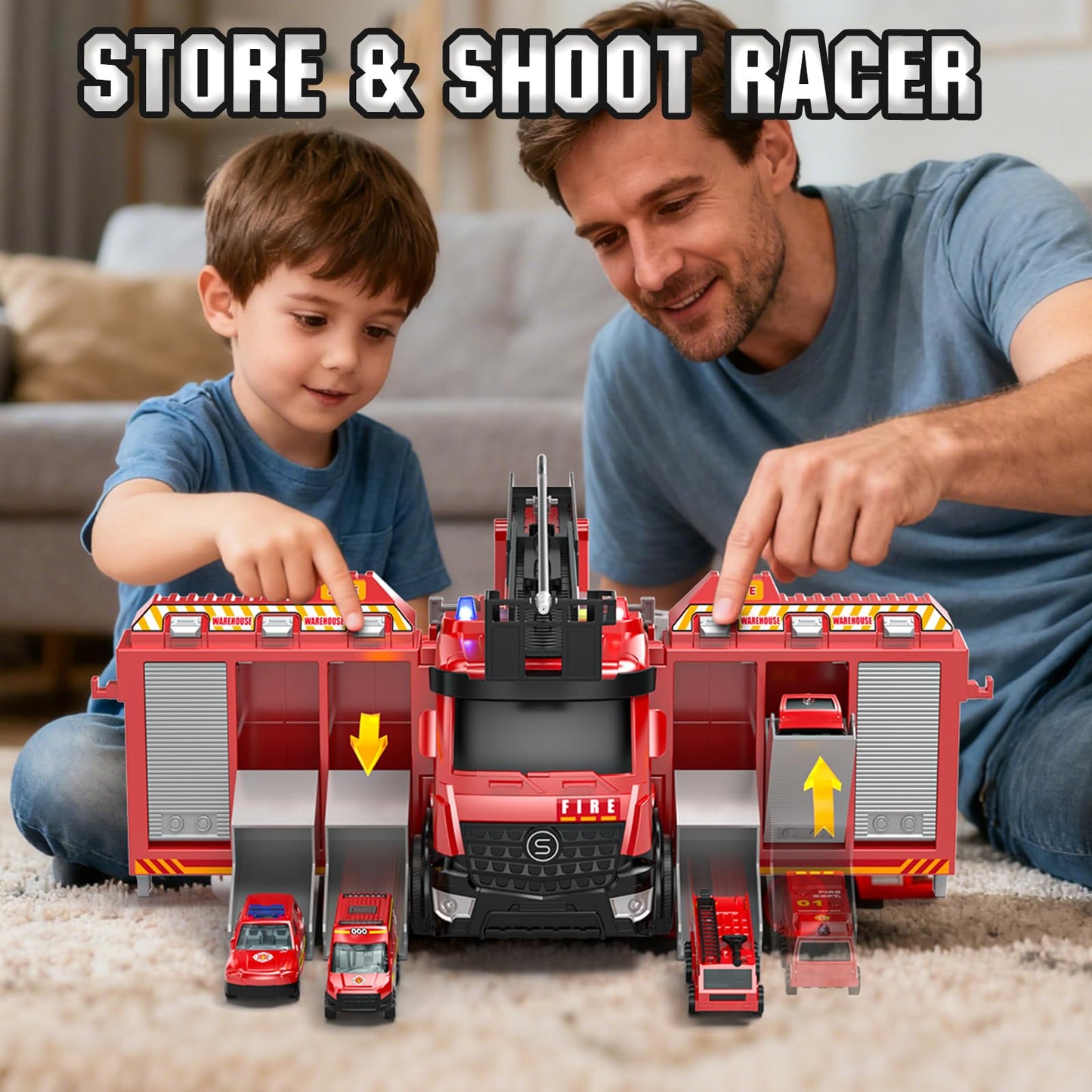 Lehoo Castle Fire Truck Toy for 3 4 5 Years Old Boys, Fire Trucks Playset with Rotating Ladder, Realistic Lights & Sounds, Birthday Gifts for Toddlers 3+