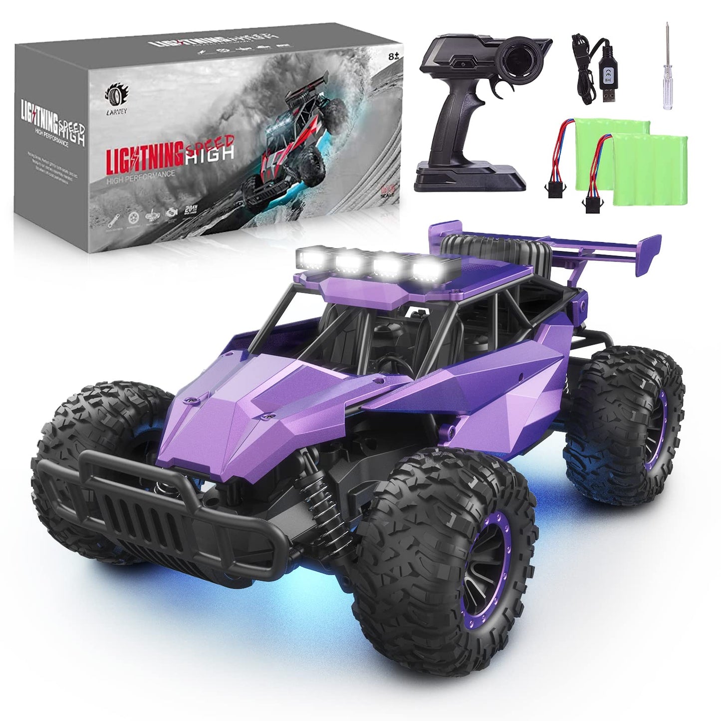 LARVEY 1:16 Scale Purple Remote Control Car, 20 Km/h High Speed Girls Remote Control Car Monster Vehicle with LED Headlights and Chassis Lights, RC Truck for Girls Boys and Adults