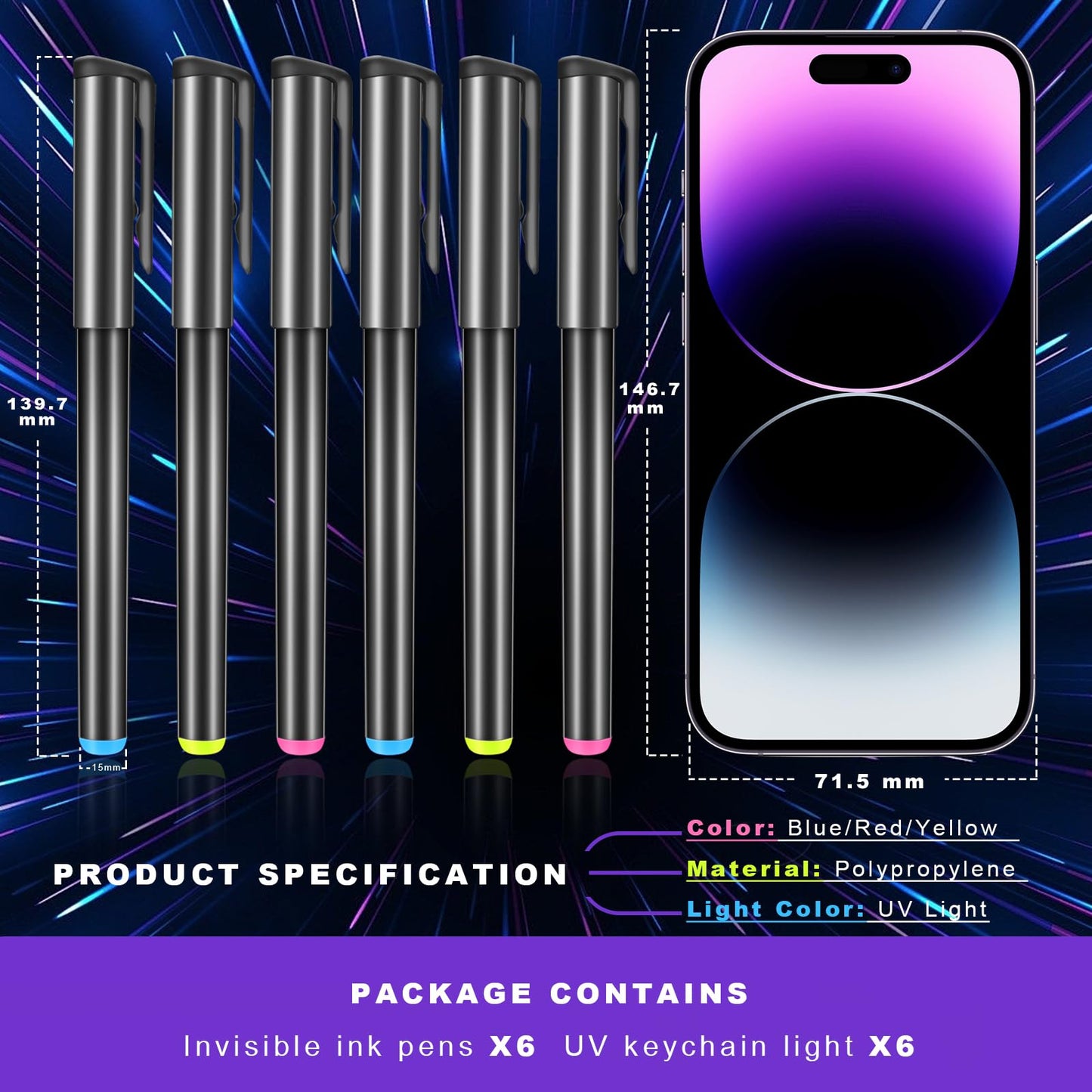Daemson Invisible Ink Pen, Spy Pen with 6 PCS Mini UV LED Keychain Flashlight, Disappearing Ink Magic Pens with Black Light Markers for Secret Notes, Fit for Christmas Halloween Holiday Gifts (6 PCS)