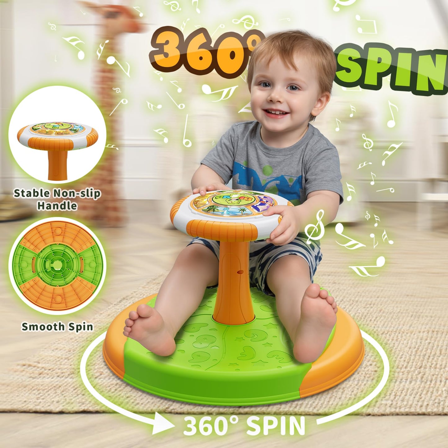 HYES Dinosaur Sit and Spin Toys for Toddlers 1-3 Boys, 360° Toddler Spinning Seat with LED Lights and Music, Sensory Toys Birthday for Kids 3-5