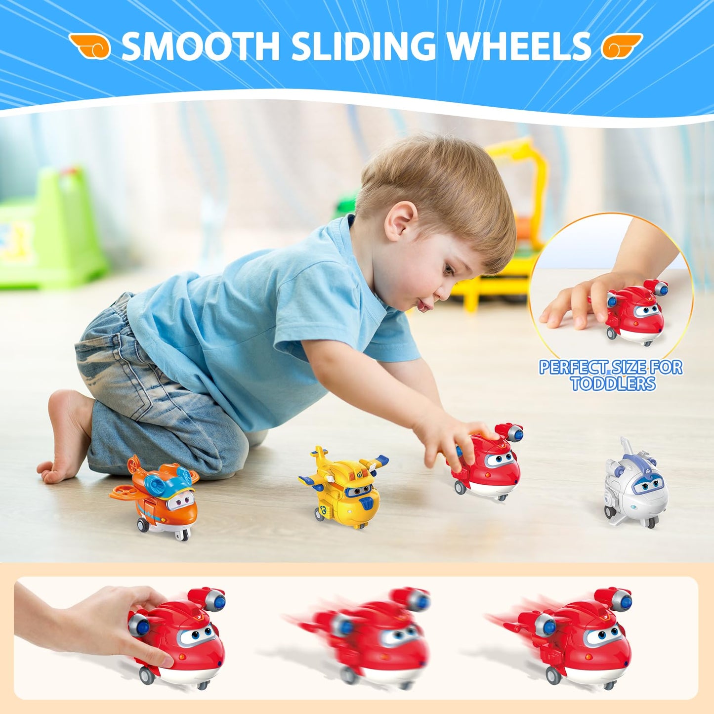 Super Wings 2" Transform-a-Bots 4-Pack, Supercharged Jett, Donnie, Astra, Sunny, Airplane Toys Vehicle Mini Figures, Fun Toys for Kids, Transformable Toy for 3 4 5 Year Old Boys and Girls