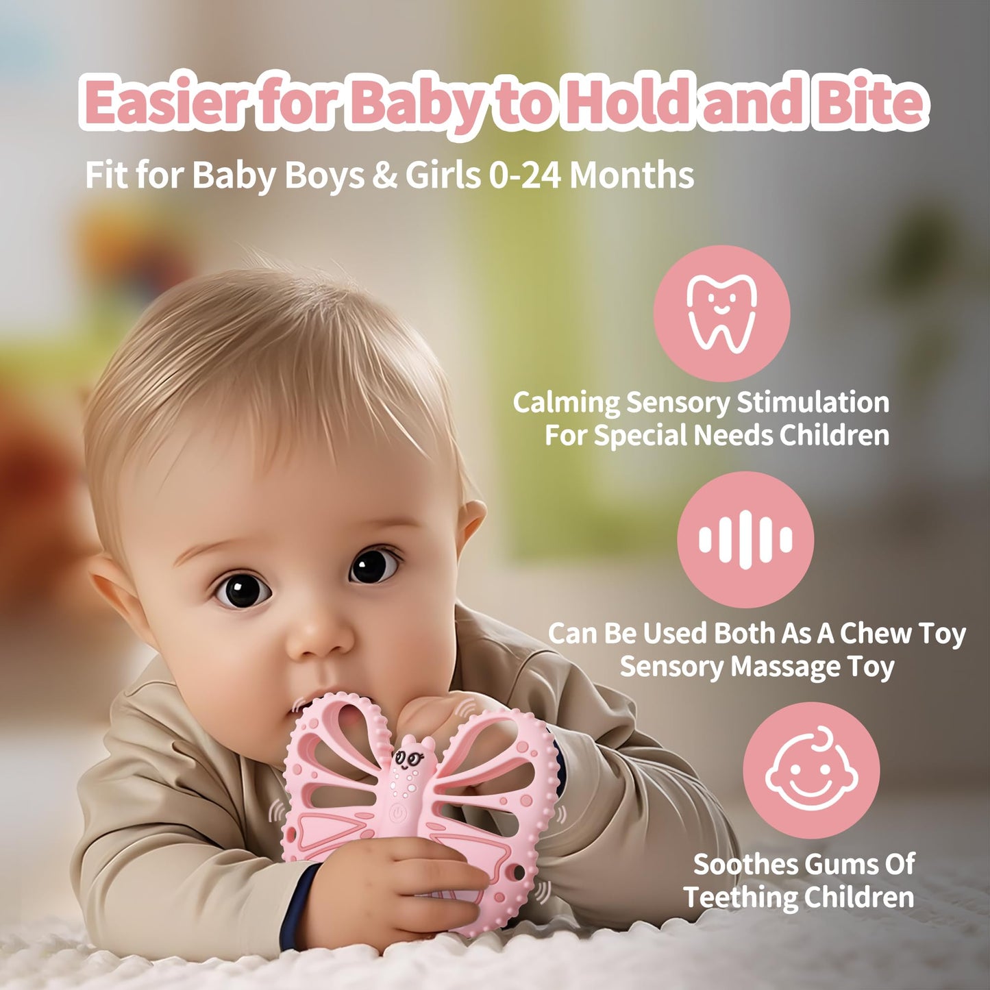 Vibrating Teether for Baby - Chewy Sensory Toy for Teething & Autism, 10-Speed Vibration Modes, USB Rechargeable, Food Grade Silicone Teether for Sensory Seekers(Pink)