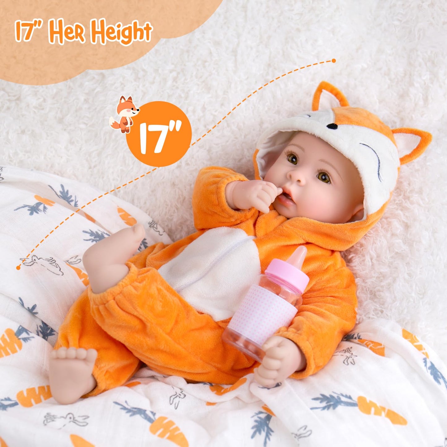 Aori Baby Dolls - 17 Inch Real Life Doll with Ultra Soft Body & Fox Outfits for Girls 3+ | Pretend Play, Adoption Day, Photography Prop, Collectible