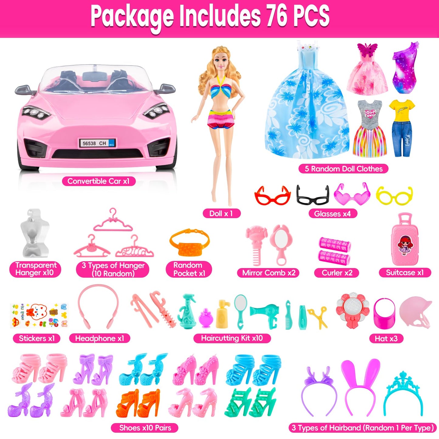 76 Pcs Doll & Convertible Car Playset,Included 11.5 in Dol-l,Car,Princess Dresses,Fashion Dresses,Casual Clothing,Swimsuits,Bags,Shoes,Doll Playset,Doll Dress up Toys for Girls Kids Toddlers Gifts