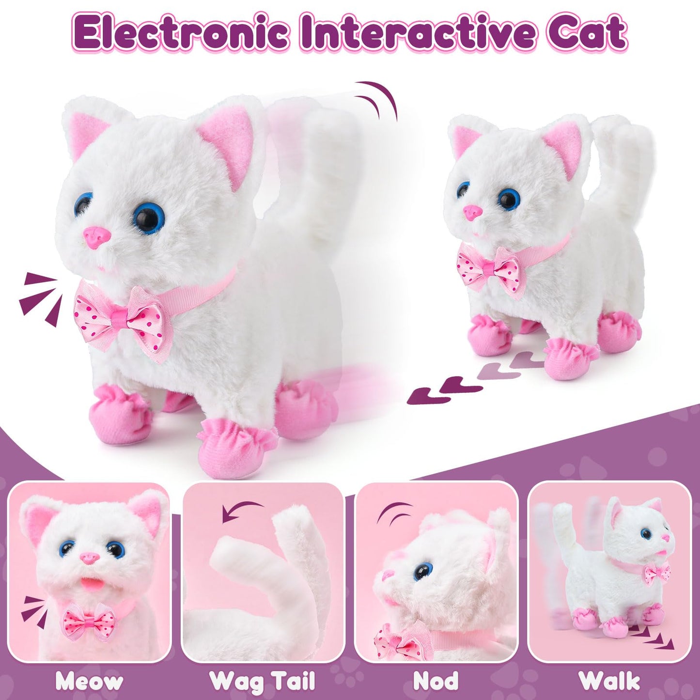 G.C Cat Toys for Kids Girls, Electronic Interactive Stuffed Cat Walk Meow and Wag Tail with Stroller Pet Care Accessories Toys Pretend Play Birthday Gifts for Toddlers Girls 3 4 5 6 7 8 Year Old