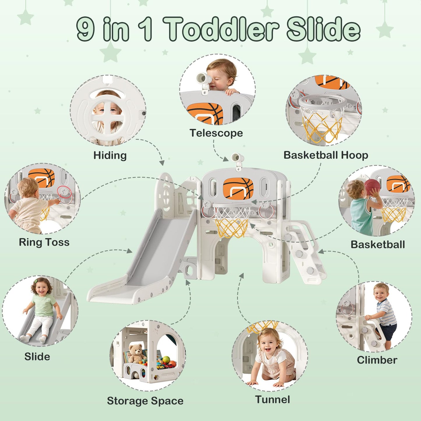 BIERUM 9 in 1 Toddler Slide Set - Baby Slide for Toddlers 1-3 with Ring Toss and Basketball Hoop, Indoor Outdoor Toddler Playset Playground Beige Gray