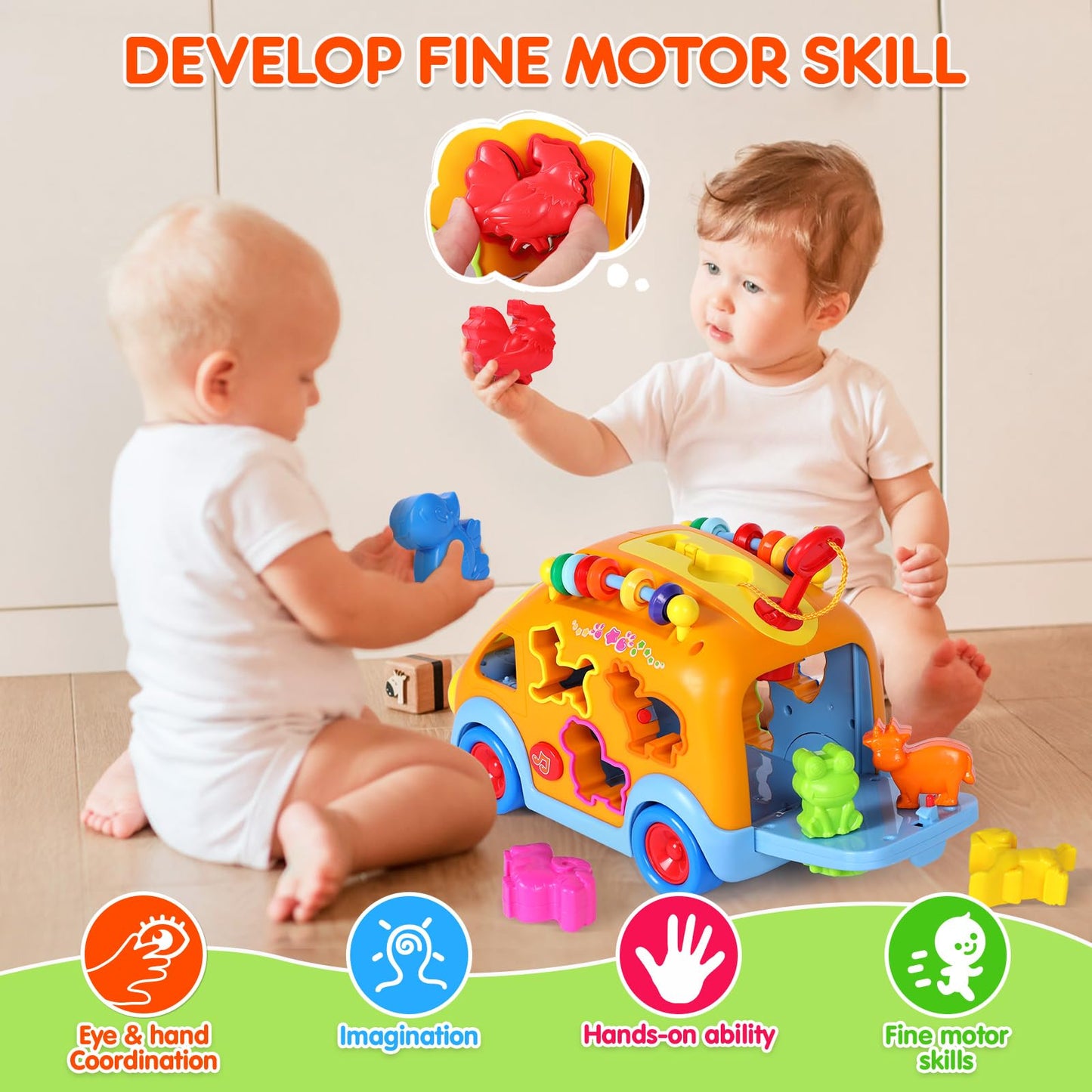Toy Cars for 2 Year Old Boy Toys, Baby Boy Gifts, Musical Learning Crawling Toys for Toddlers 2-3, Educational Baby Bus with Animal Blocks, Christmas Birthday Gift for 2 3 4 Year Old Boys Girls Kids